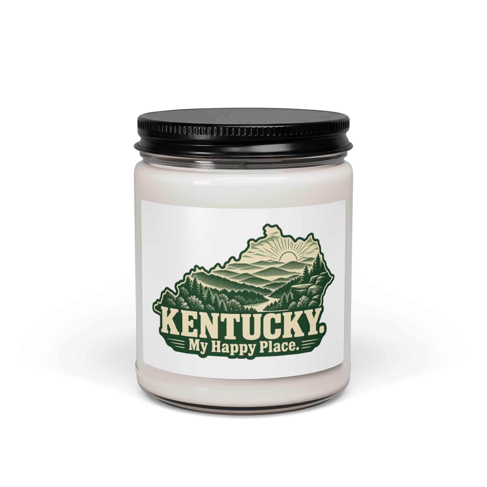 Kentucky Soy Wax Candle: Layered Appalachian ridges at sunrise, Woodcut Kentucky Silhouette