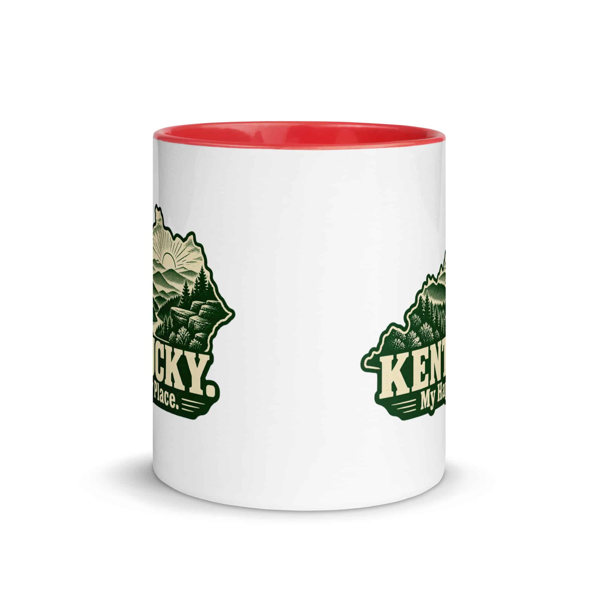 Kentucky Color Inside Coffee Mug: Layered Appalachian ridges at sunrise, Woodcut Kentucky Silhouette