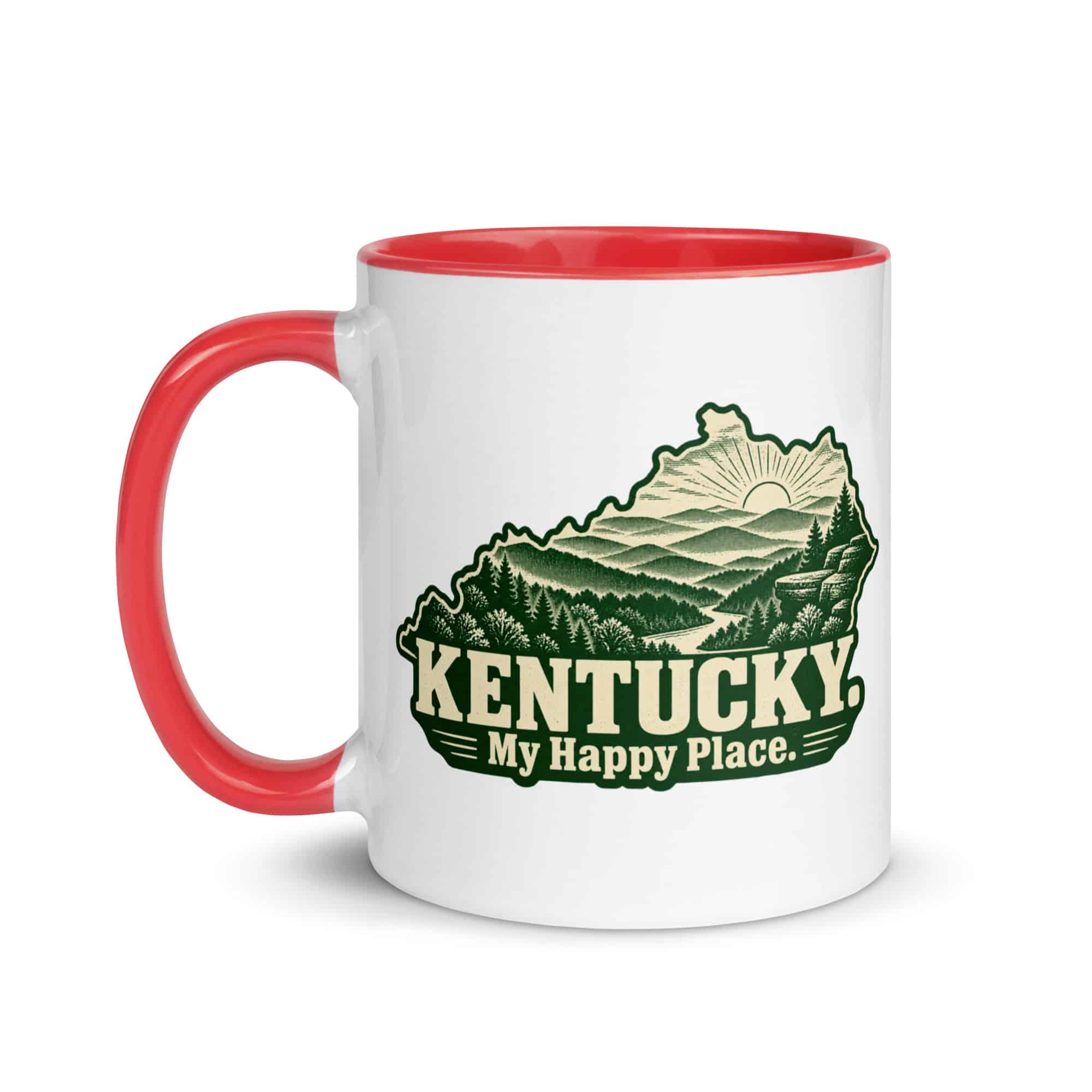 Kentucky Color Inside Coffee Mug: Layered Appalachian ridges at sunrise, Woodcut Kentucky Silhouette