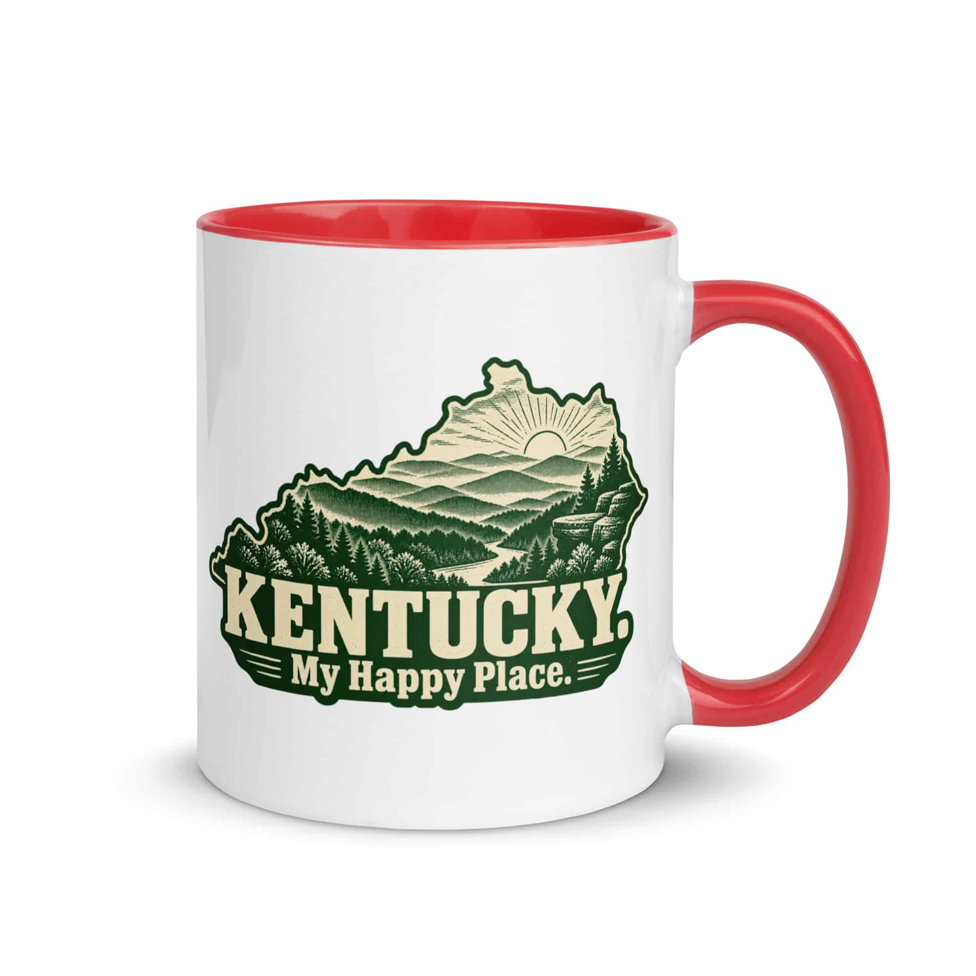 Kentucky Color Inside Coffee Mug: Layered Appalachian ridges at sunrise, Woodcut Kentucky Silhouette