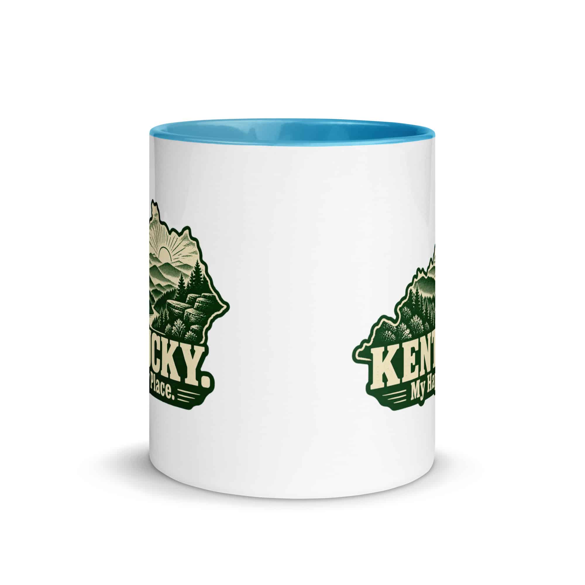 Kentucky Color Inside Coffee Mug: Layered Appalachian ridges at sunrise, Woodcut Kentucky Silhouette