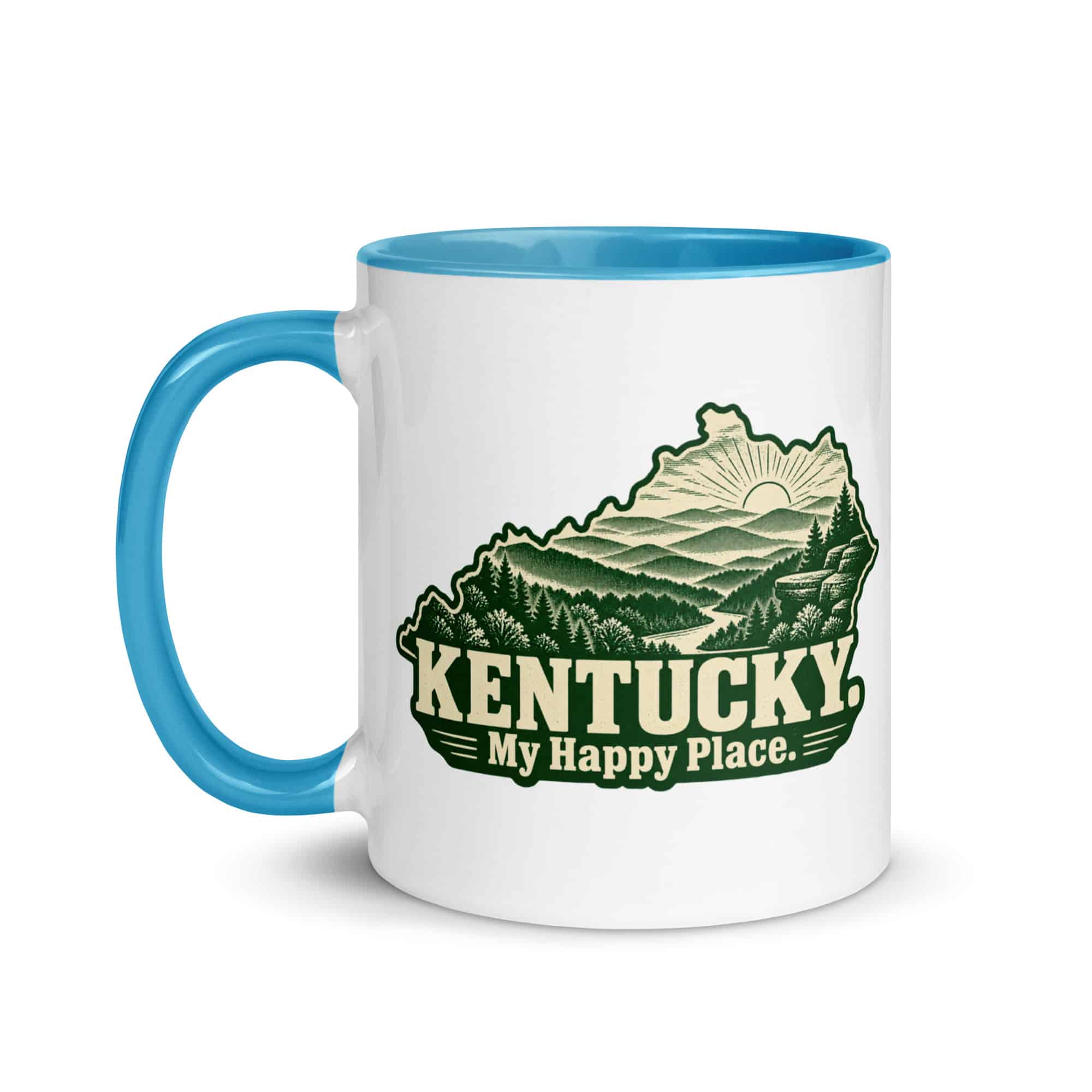 Kentucky Color Inside Coffee Mug: Layered Appalachian ridges at sunrise, Woodcut Kentucky Silhouette