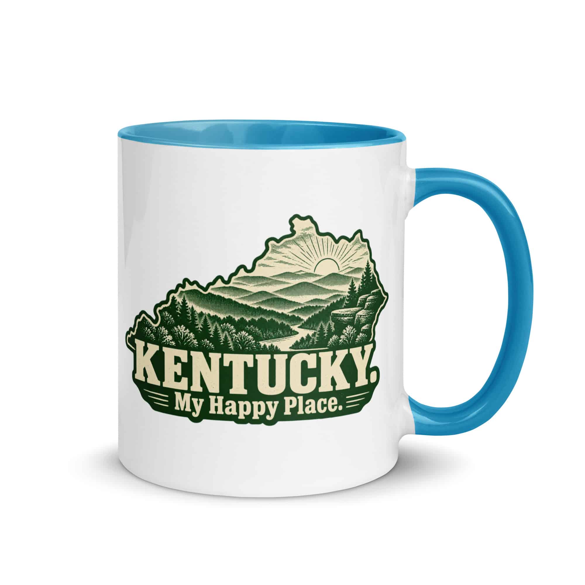 Kentucky Color Inside Coffee Mug: Layered Appalachian ridges at sunrise, Woodcut Kentucky Silhouette