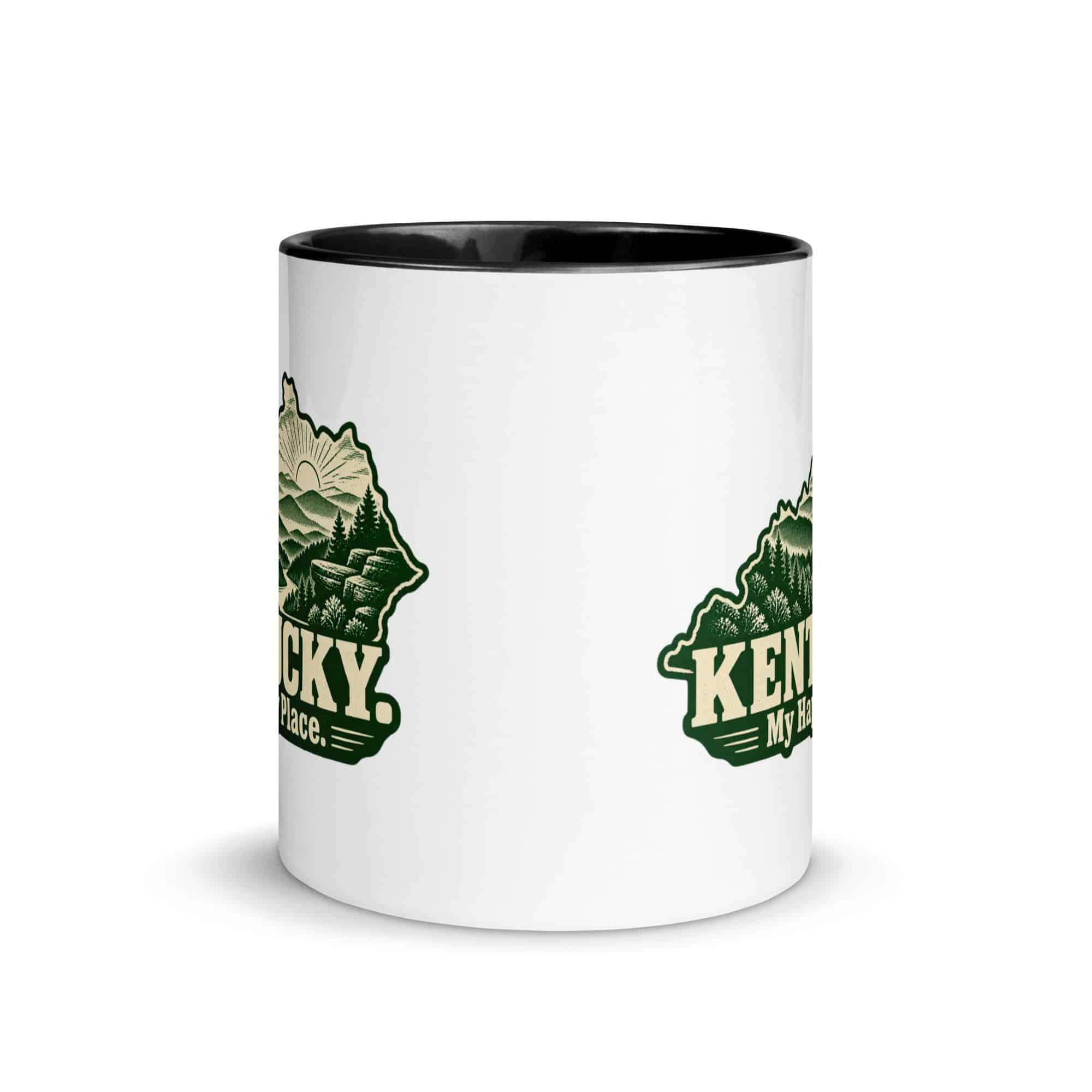 Kentucky Color Inside Coffee Mug: Layered Appalachian ridges at sunrise, Woodcut Kentucky Silhouette