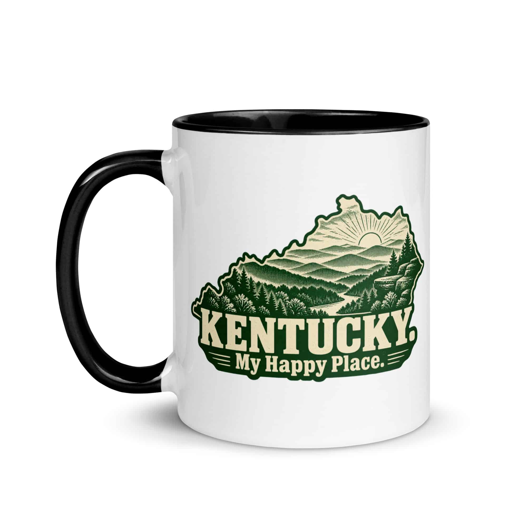 Kentucky Color Inside Coffee Mug: Layered Appalachian ridges at sunrise, Woodcut Kentucky Silhouette