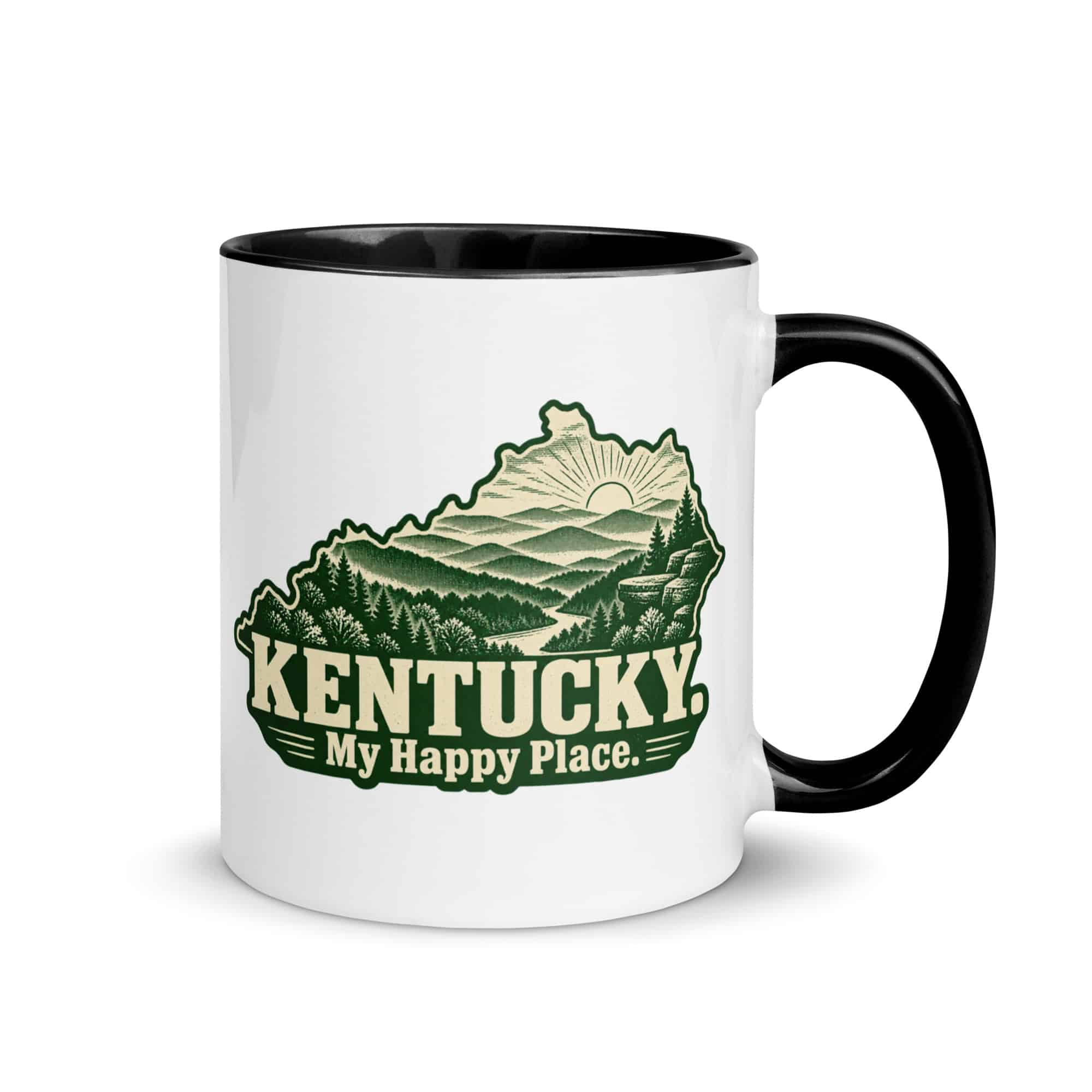 Kentucky Color Inside Coffee Mug: Layered Appalachian ridges at sunrise, Woodcut Kentucky Silhouette