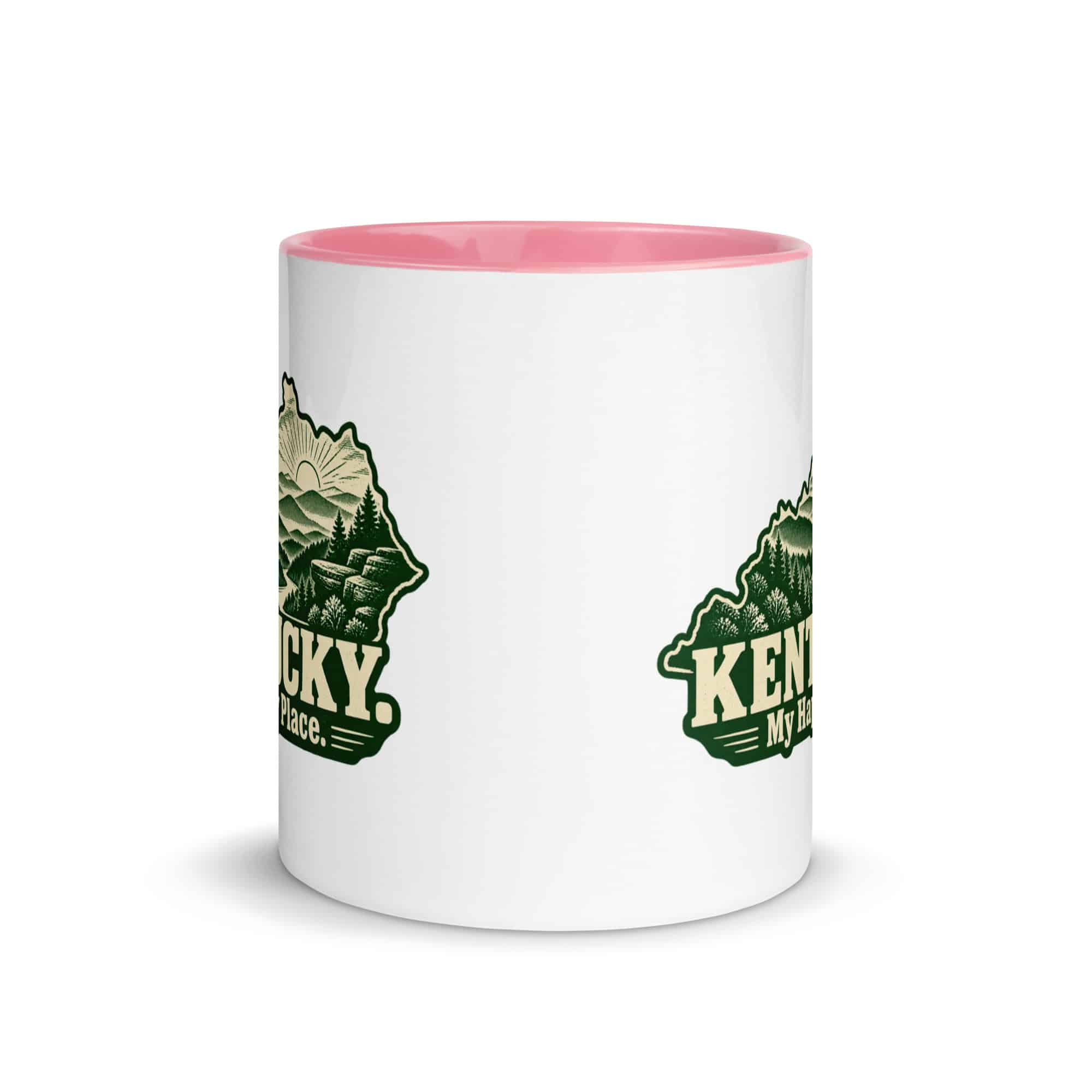 Kentucky Color Inside Coffee Mug: Layered Appalachian ridges at sunrise, Woodcut Kentucky Silhouette