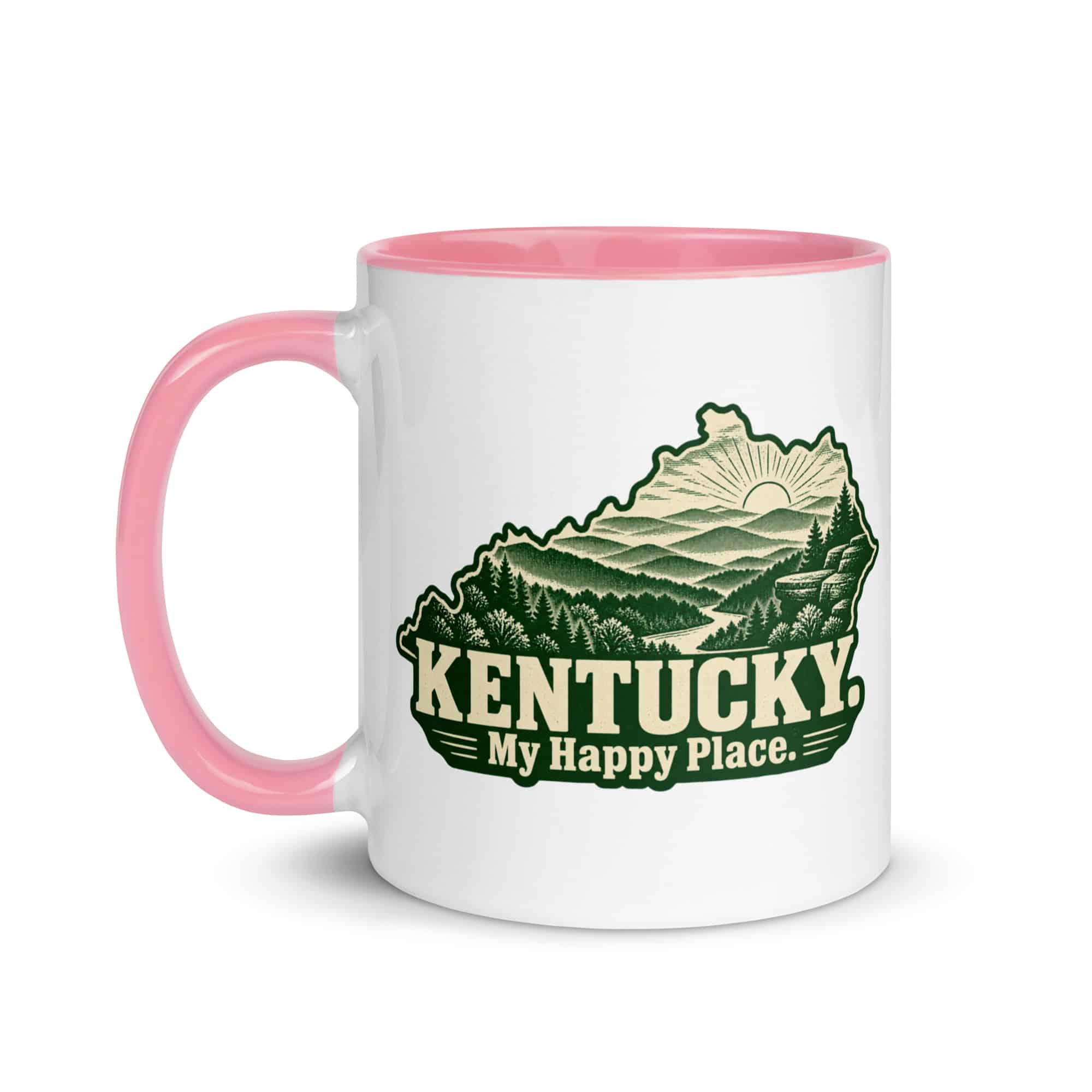 Kentucky Color Inside Coffee Mug: Layered Appalachian ridges at sunrise, Woodcut Kentucky Silhouette