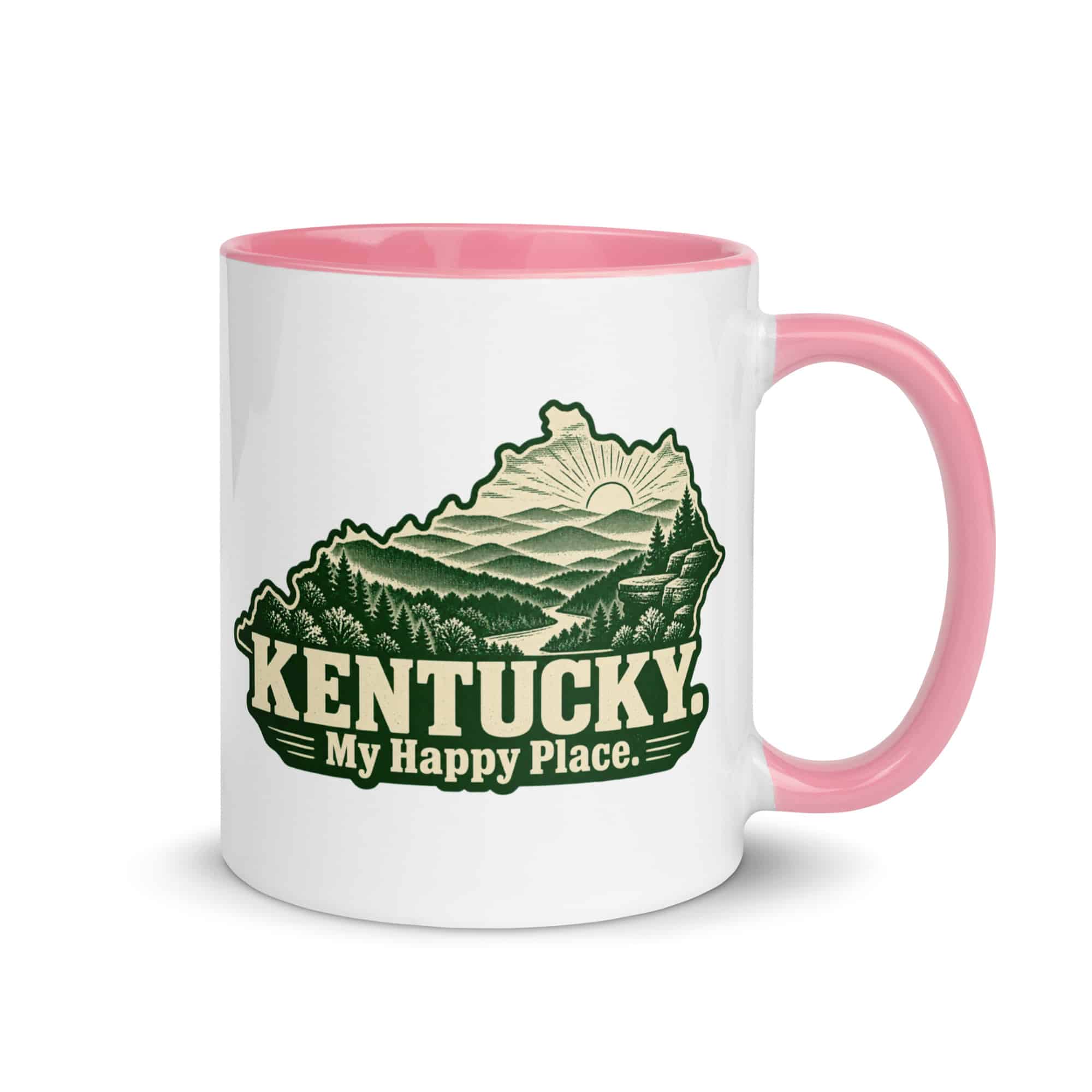 Kentucky Color Inside Coffee Mug: Layered Appalachian ridges at sunrise, Woodcut Kentucky Silhouette
