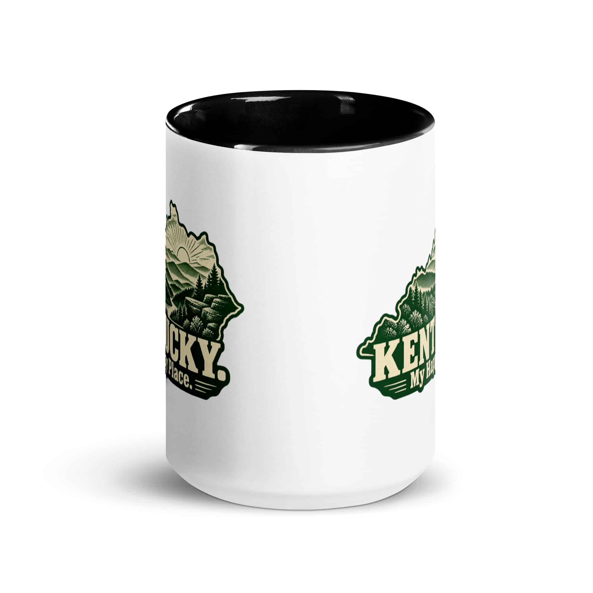 Kentucky Color Inside Coffee Mug: Layered Appalachian ridges at sunrise, Woodcut Kentucky Silhouette