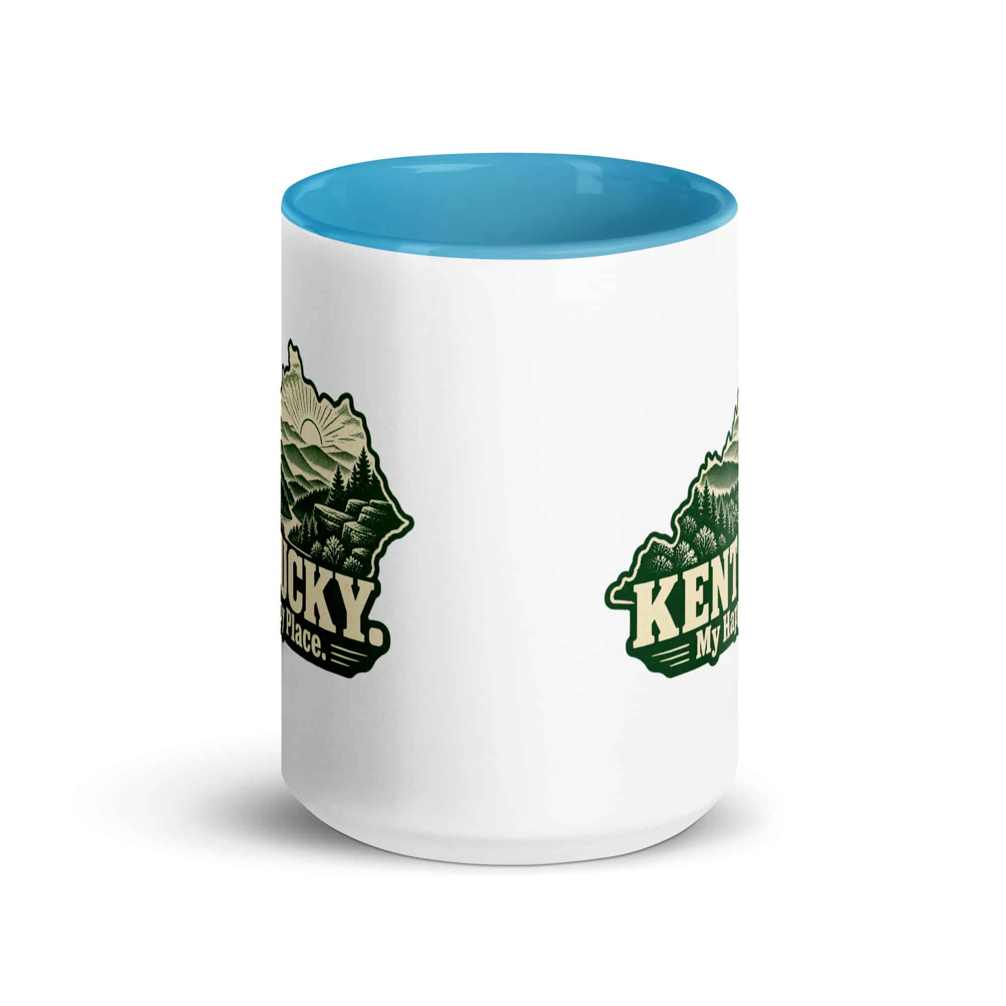 Kentucky Color Inside Coffee Mug: Layered Appalachian ridges at sunrise, Woodcut Kentucky Silhouette