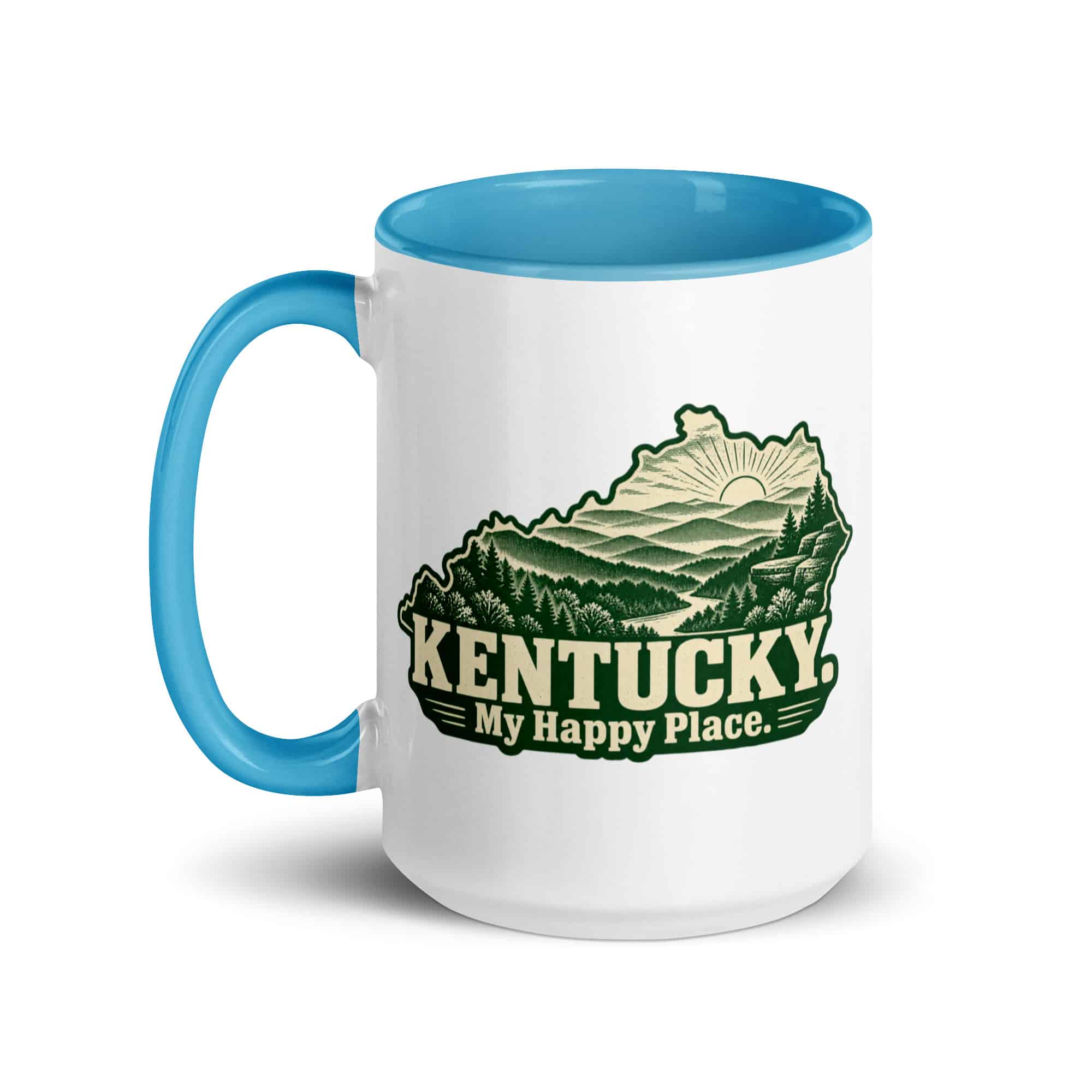Kentucky Color Inside Coffee Mug: Layered Appalachian ridges at sunrise, Woodcut Kentucky Silhouette