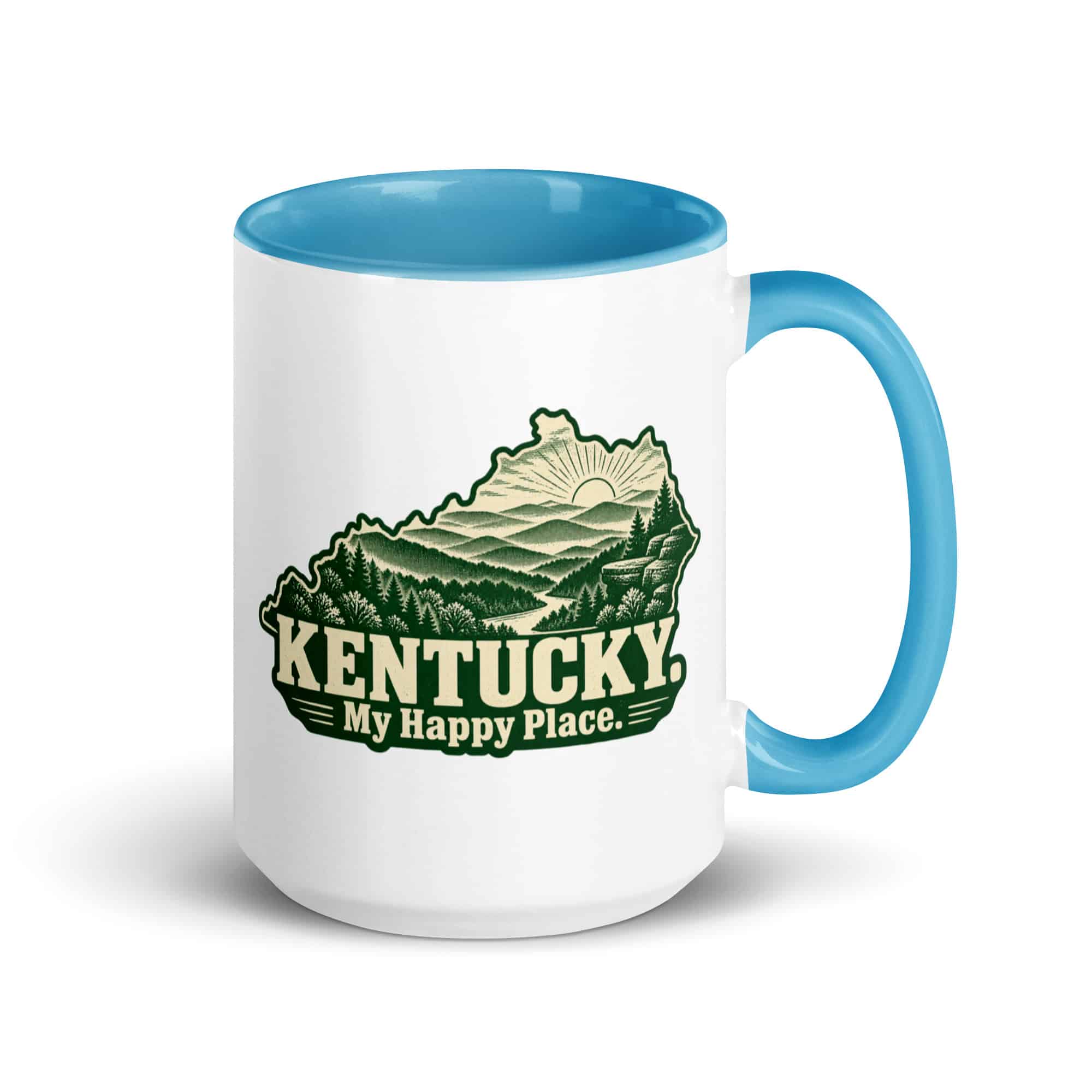 Kentucky Color Inside Coffee Mug: Layered Appalachian ridges at sunrise, Woodcut Kentucky Silhouette