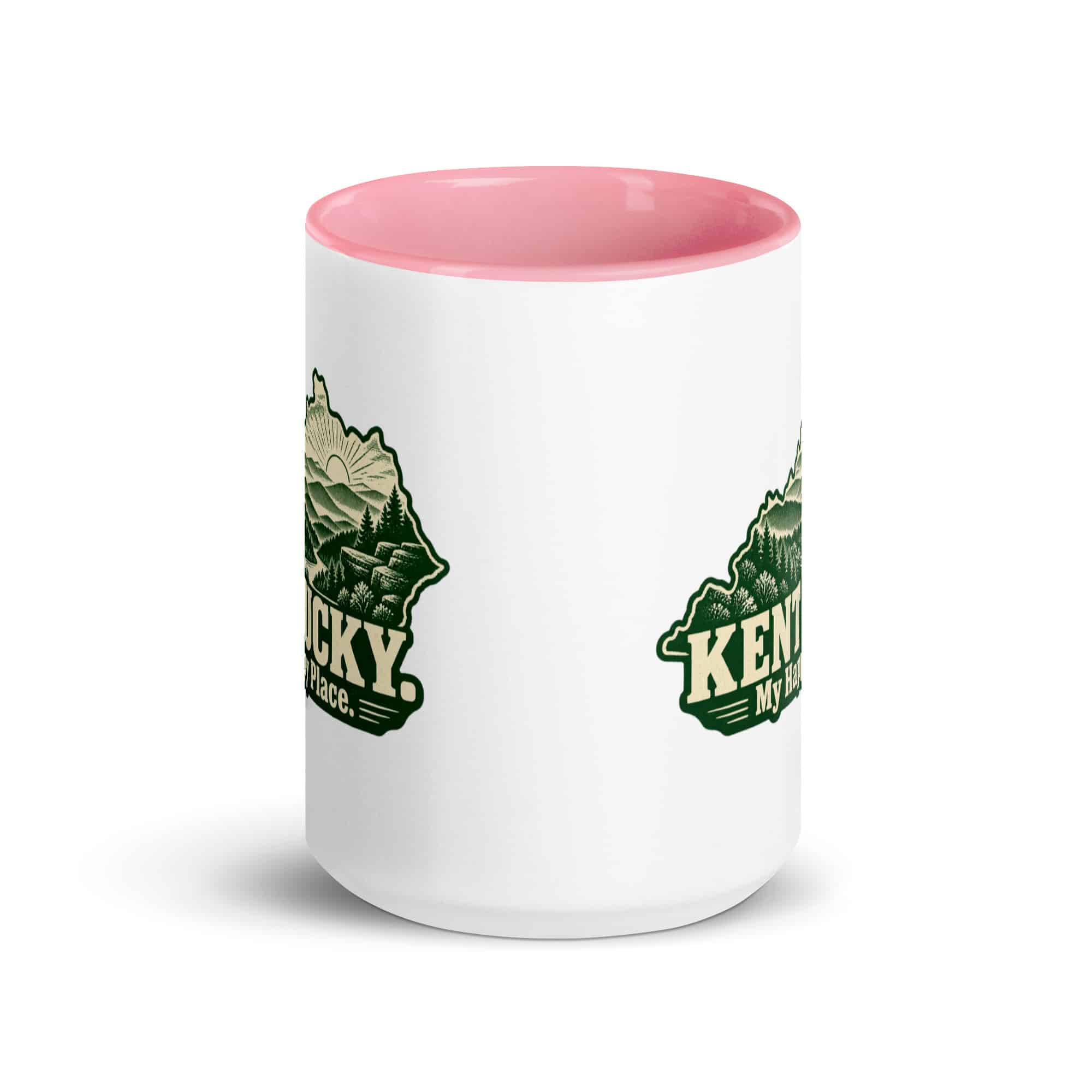 Kentucky Color Inside Coffee Mug: Layered Appalachian ridges at sunrise, Woodcut Kentucky Silhouette