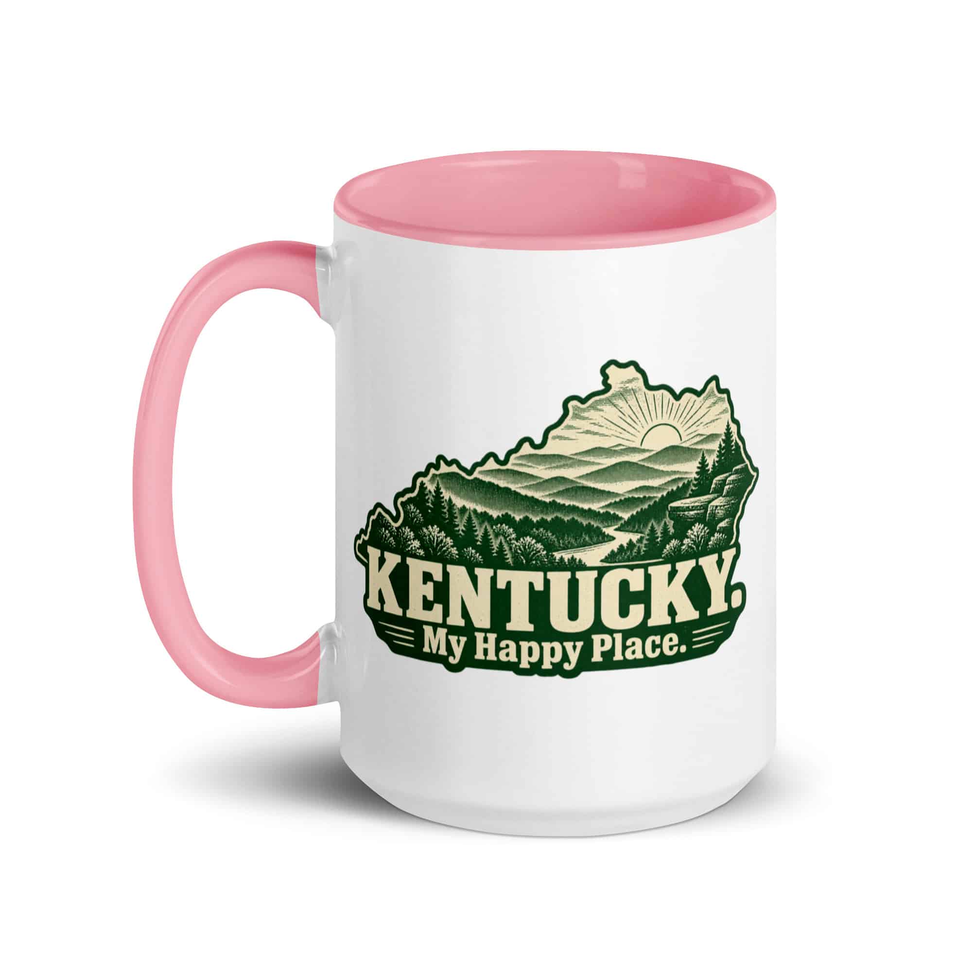 Kentucky Color Inside Coffee Mug: Layered Appalachian ridges at sunrise, Woodcut Kentucky Silhouette