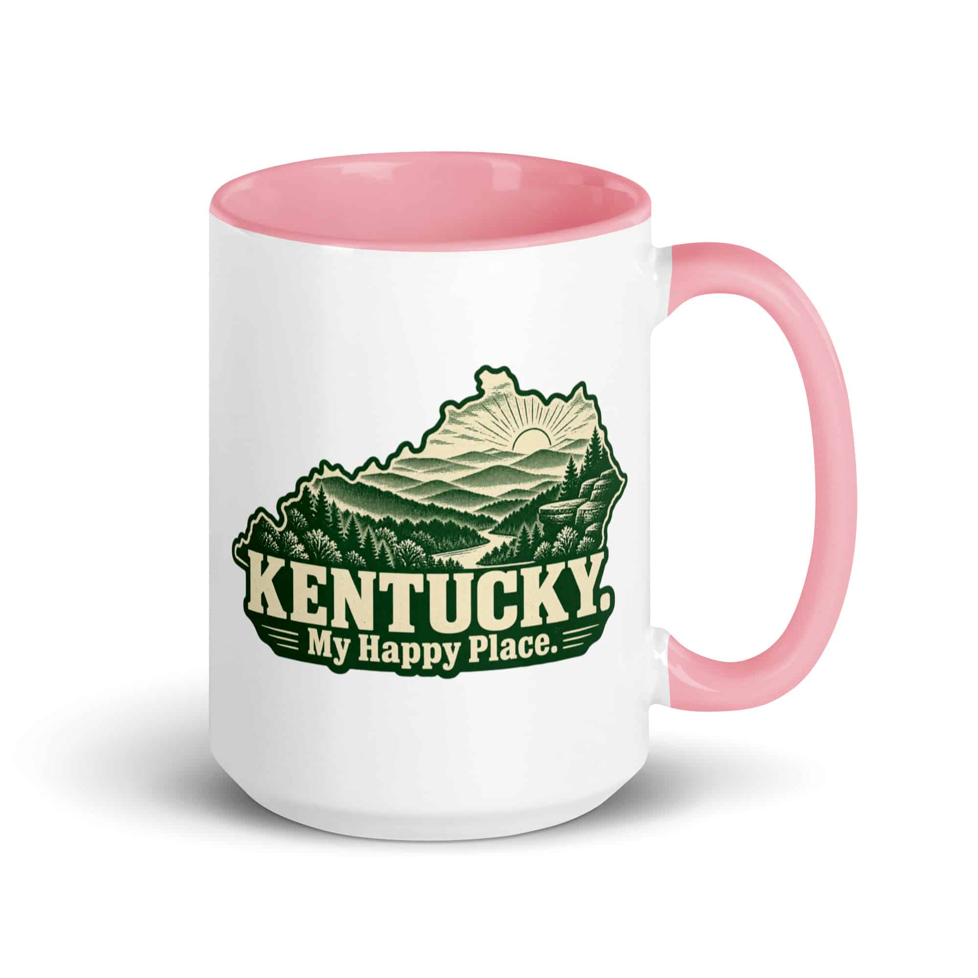 Kentucky Color Inside Coffee Mug: Layered Appalachian ridges at sunrise, Woodcut Kentucky Silhouette