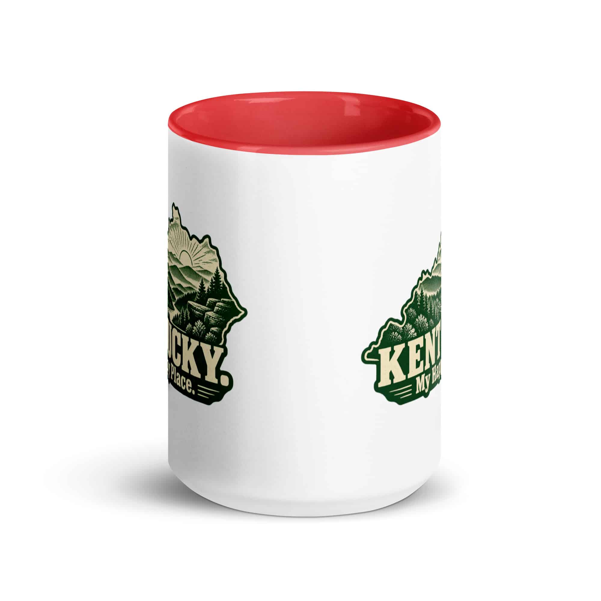 Kentucky Color Inside Coffee Mug: Layered Appalachian ridges at sunrise, Woodcut Kentucky Silhouette
