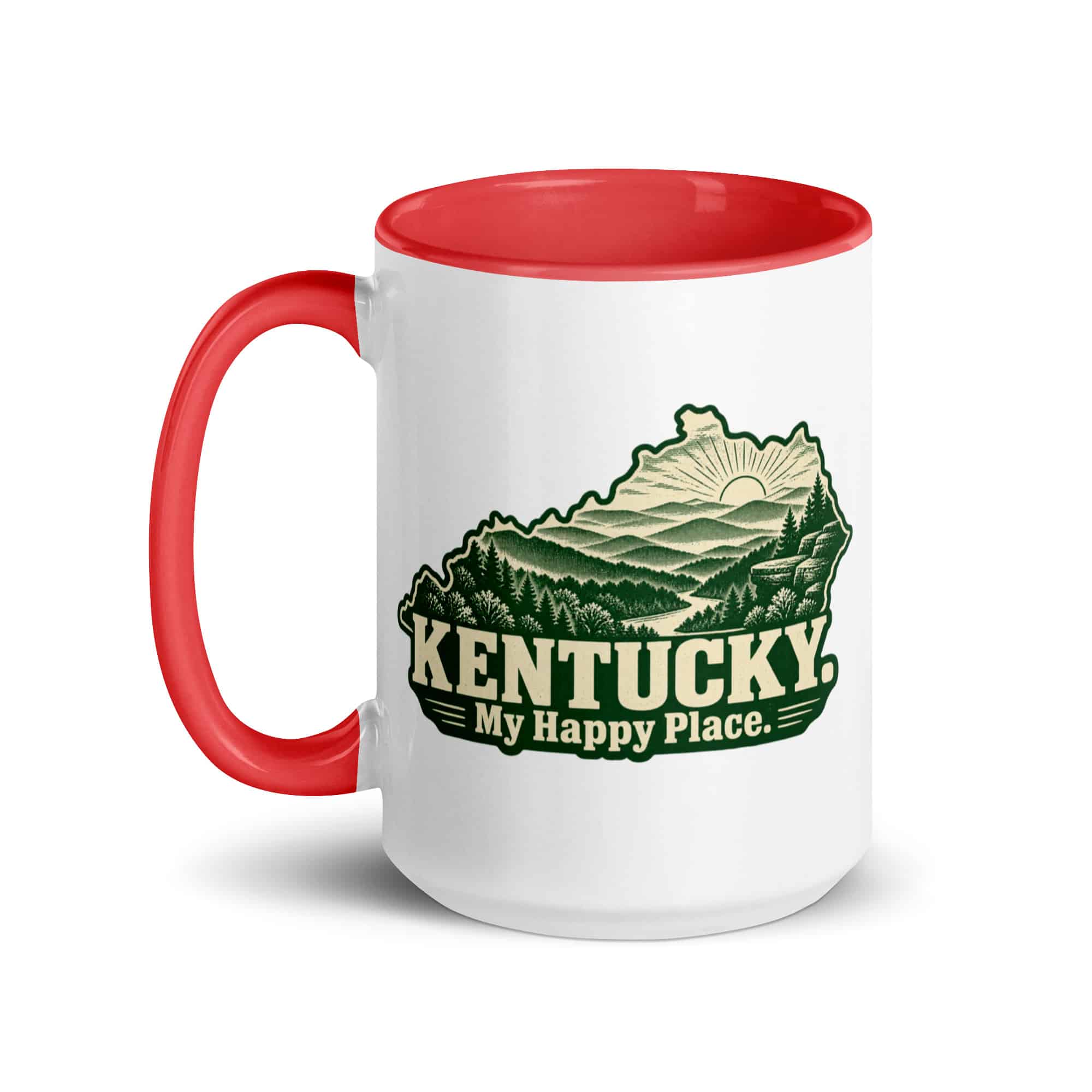 Kentucky Color Inside Coffee Mug: Layered Appalachian ridges at sunrise, Woodcut Kentucky Silhouette