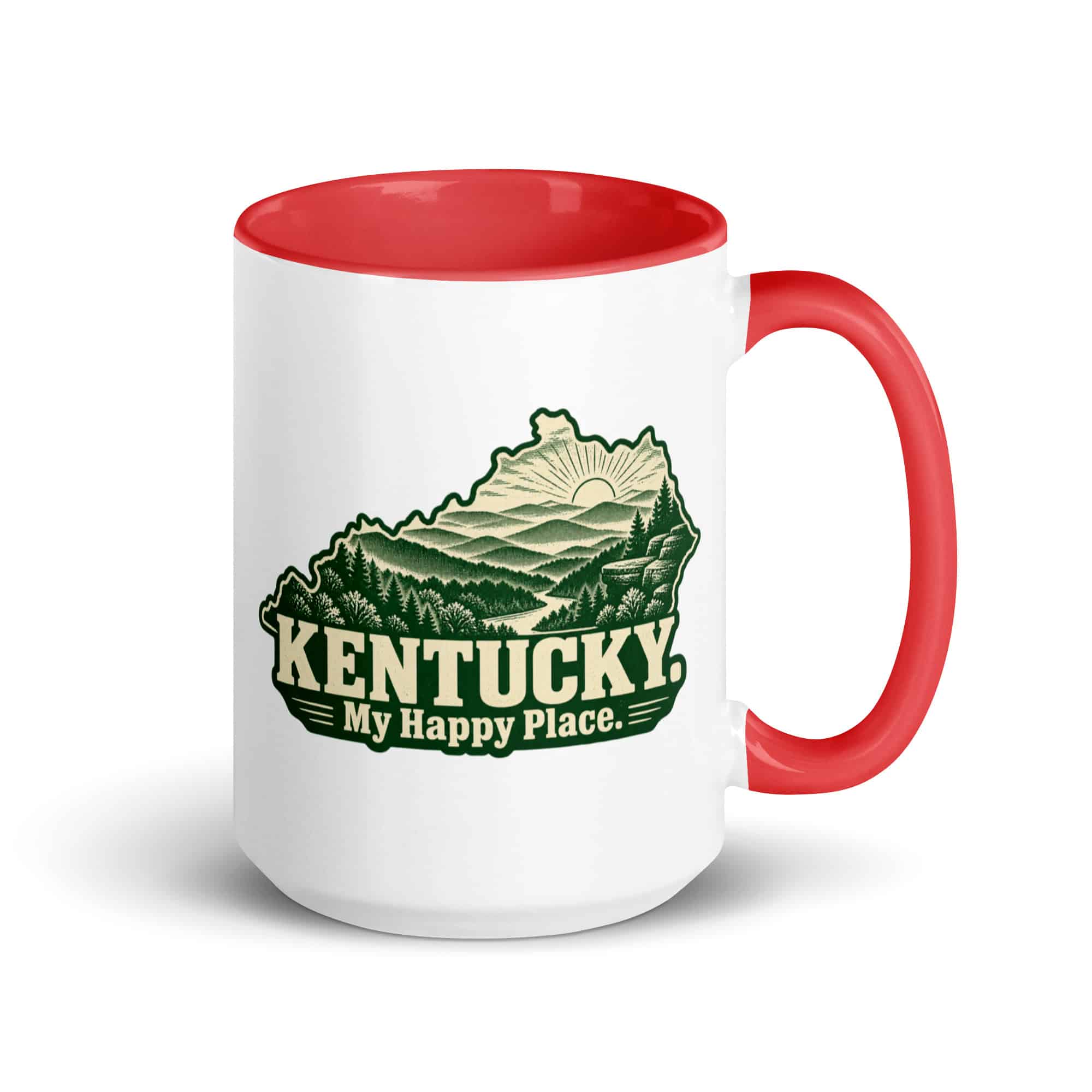 Kentucky Color Inside Coffee Mug: Layered Appalachian ridges at sunrise, Woodcut Kentucky Silhouette