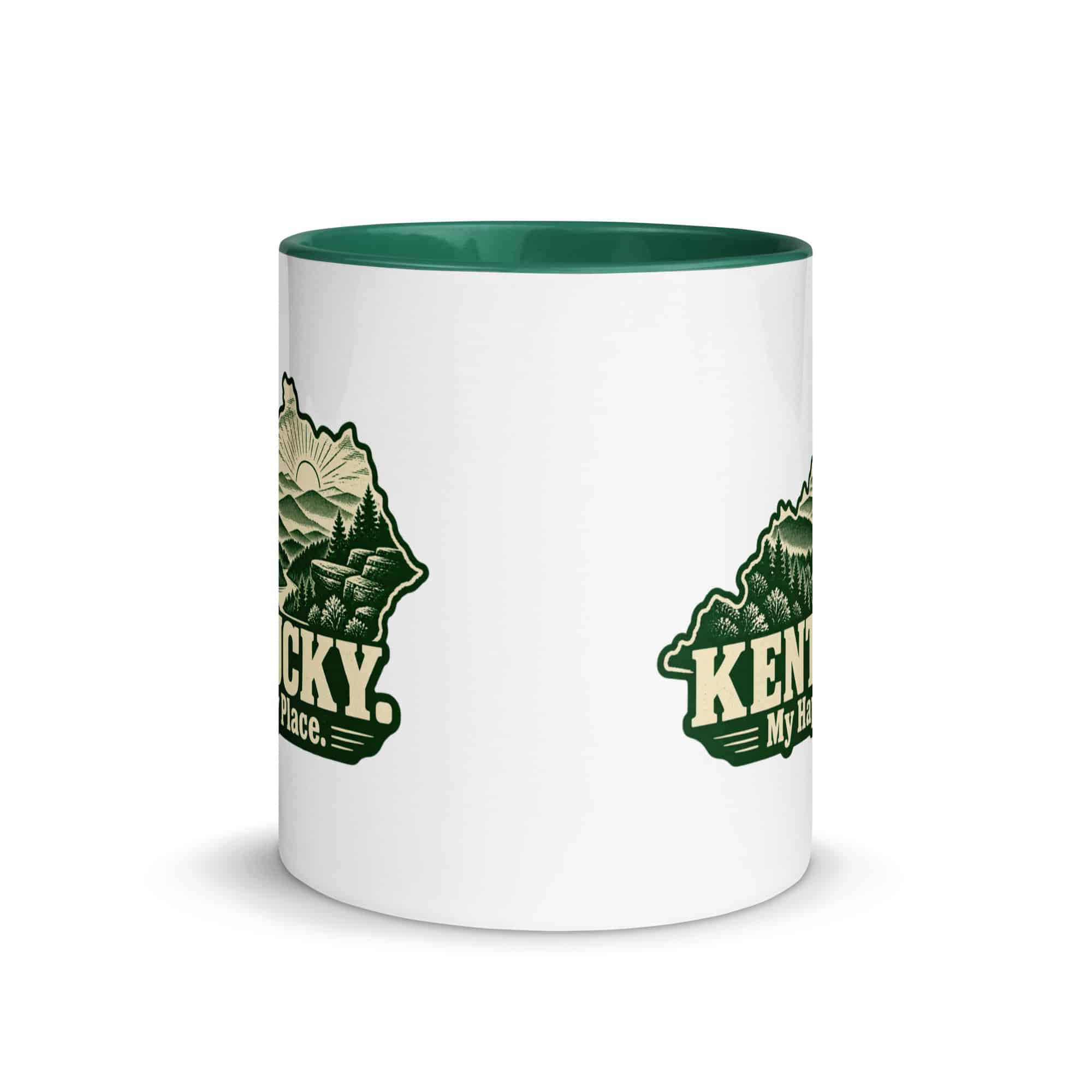 Kentucky Color Inside Coffee Mug: Layered Appalachian ridges at sunrise, Woodcut Kentucky Silhouette