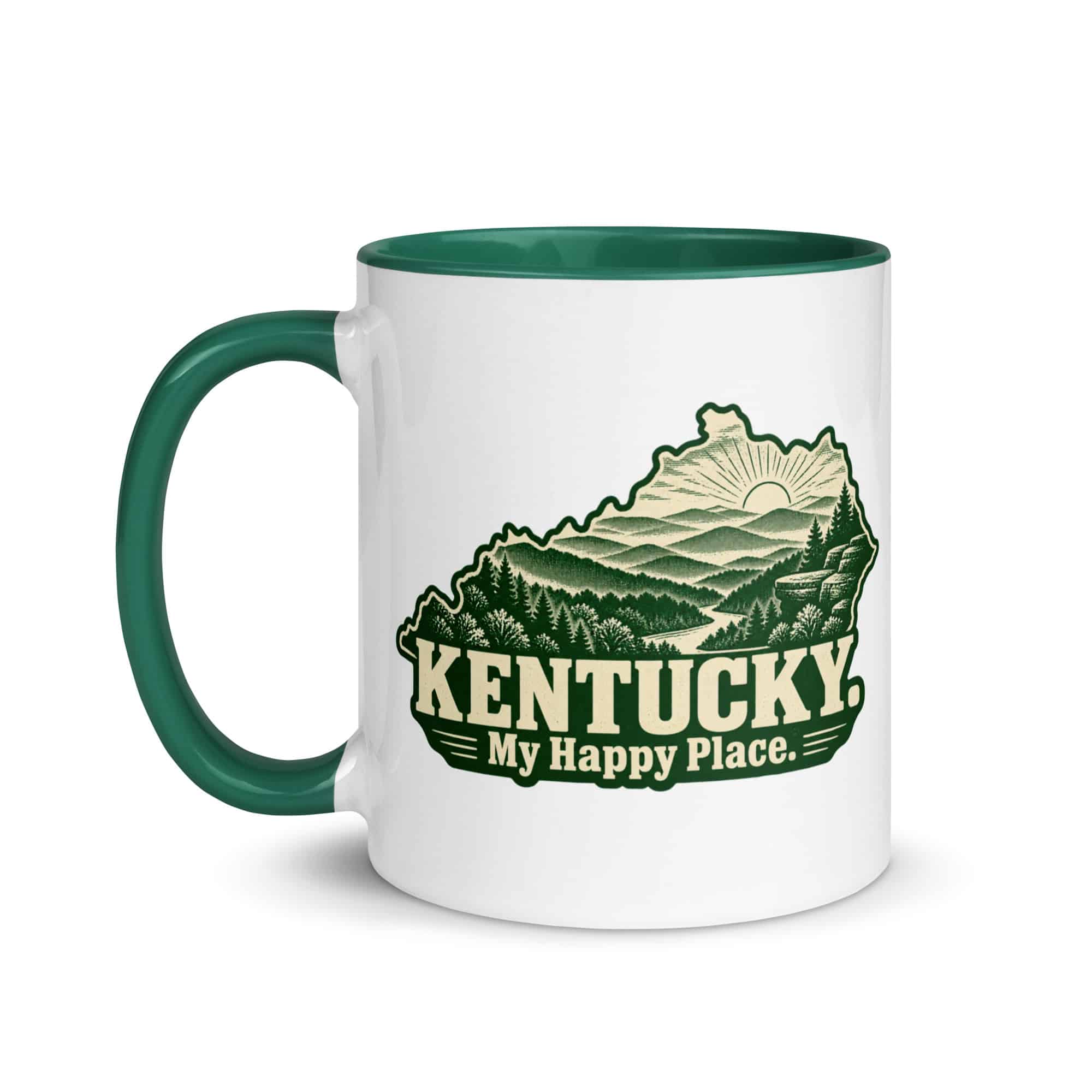 Kentucky Color Inside Coffee Mug: Layered Appalachian ridges at sunrise, Woodcut Kentucky Silhouette