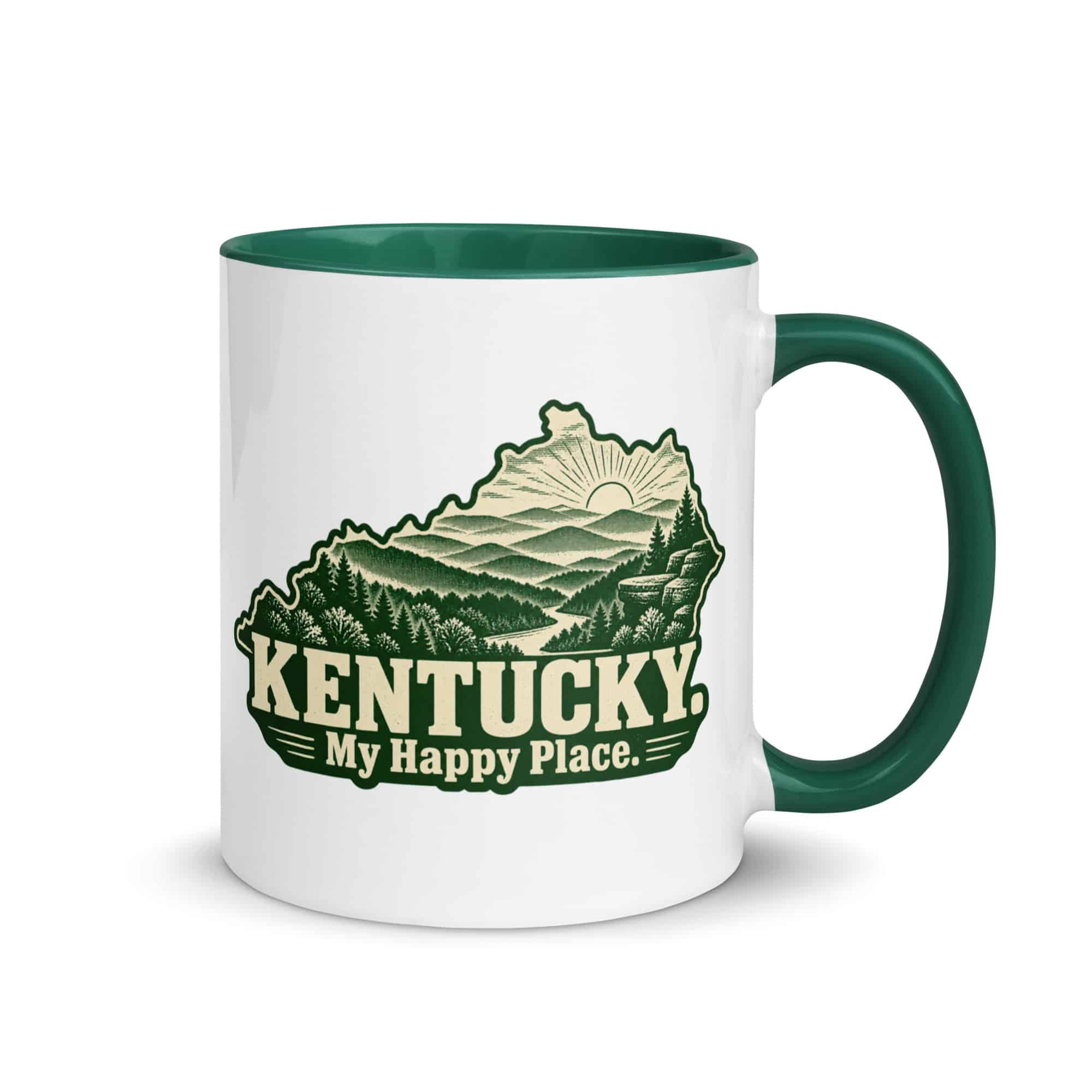 Kentucky Color Inside Coffee Mug: Layered Appalachian ridges at sunrise, Woodcut Kentucky Silhouette
