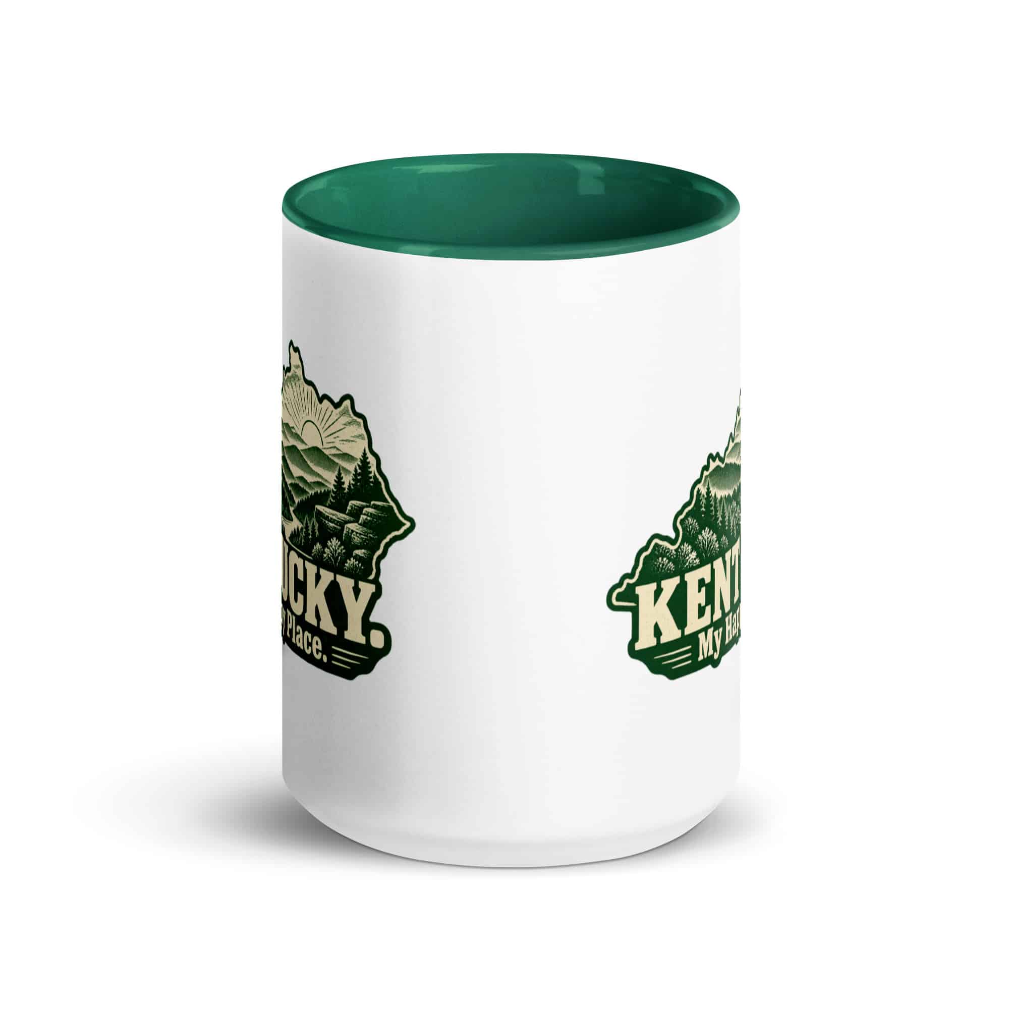 Kentucky Color Inside Coffee Mug: Layered Appalachian ridges at sunrise, Woodcut Kentucky Silhouette