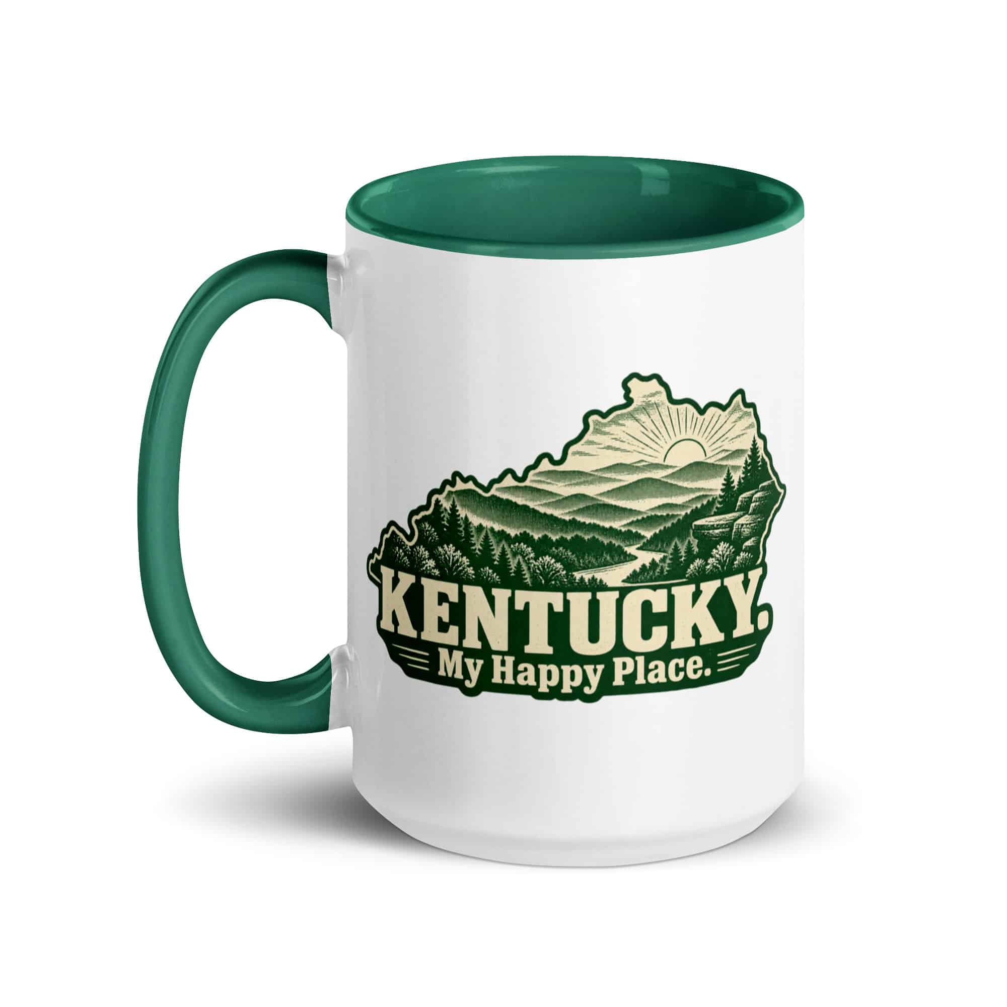 Kentucky Color Inside Coffee Mug: Layered Appalachian ridges at sunrise, Woodcut Kentucky Silhouette