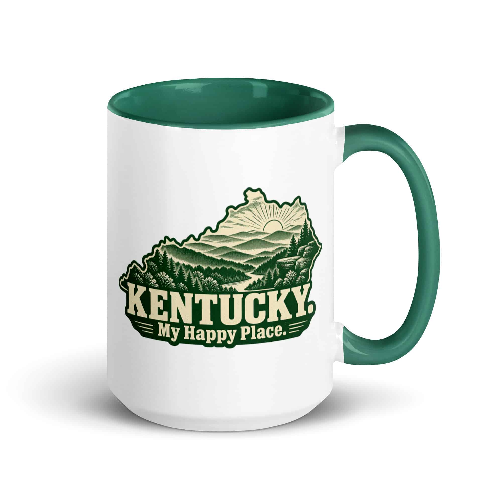 Kentucky Color Inside Coffee Mug: Layered Appalachian ridges at sunrise, Woodcut Kentucky Silhouette