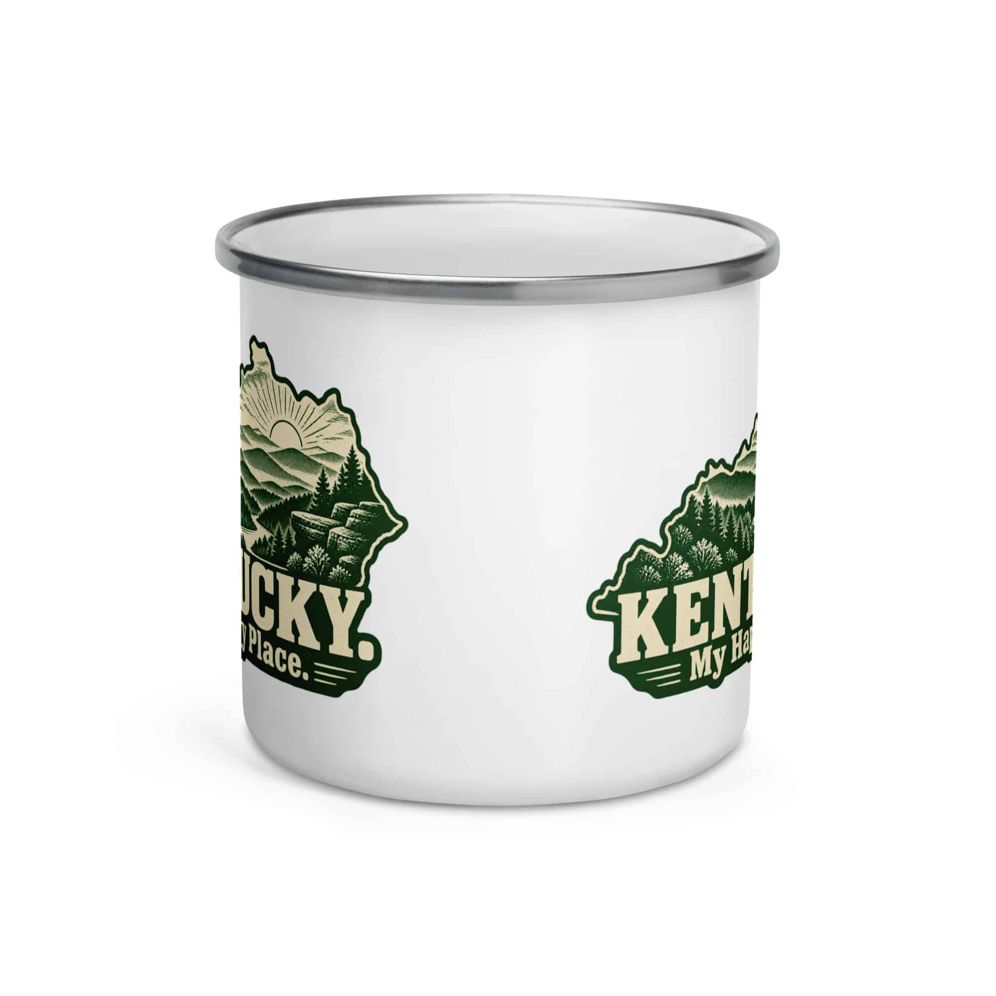Kentucky Enamel Camp Mug: Layered Appalachian ridges at sunrise, Woodcut Kentucky Silhouette