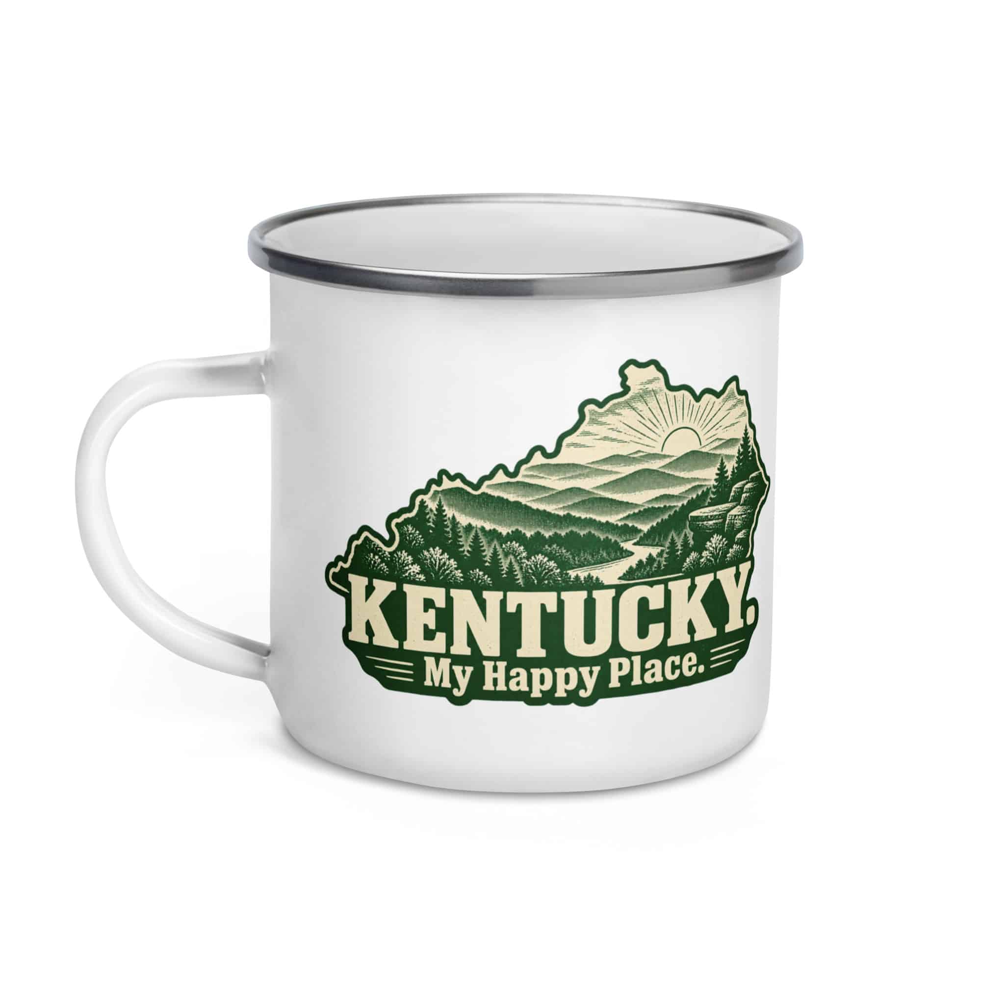 Kentucky Enamel Camp Mug: Layered Appalachian ridges at sunrise, Woodcut Kentucky Silhouette