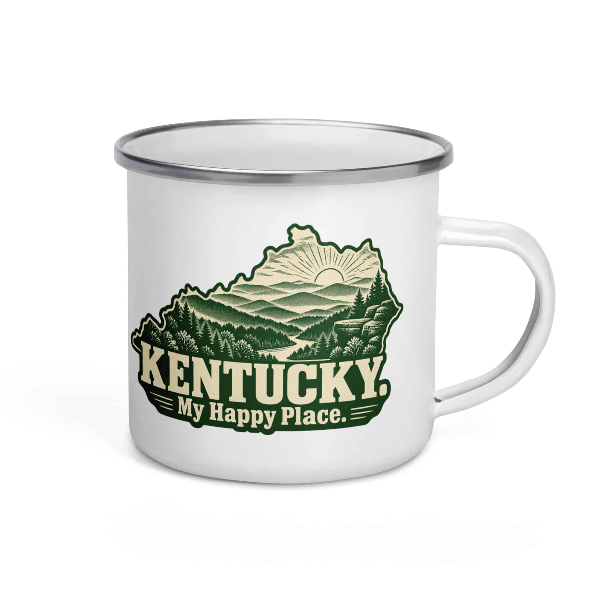 Kentucky Enamel Camp Mug: Layered Appalachian ridges at sunrise, Woodcut Kentucky Silhouette