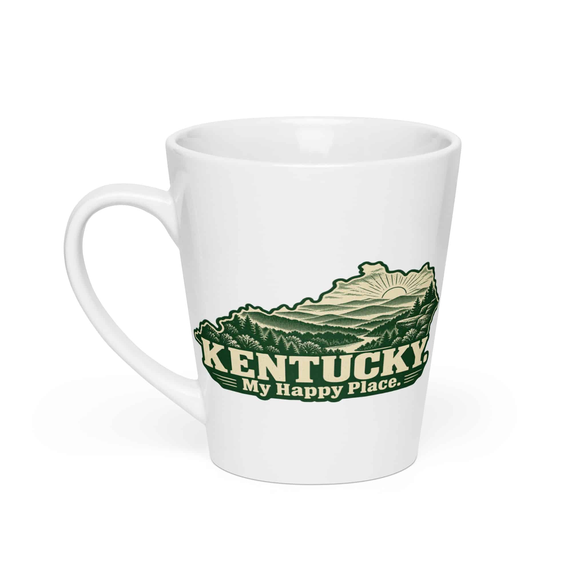 Kentucky Latte Mug: Layered Appalachian ridges at sunrise, Woodcut Kentucky Silhouette