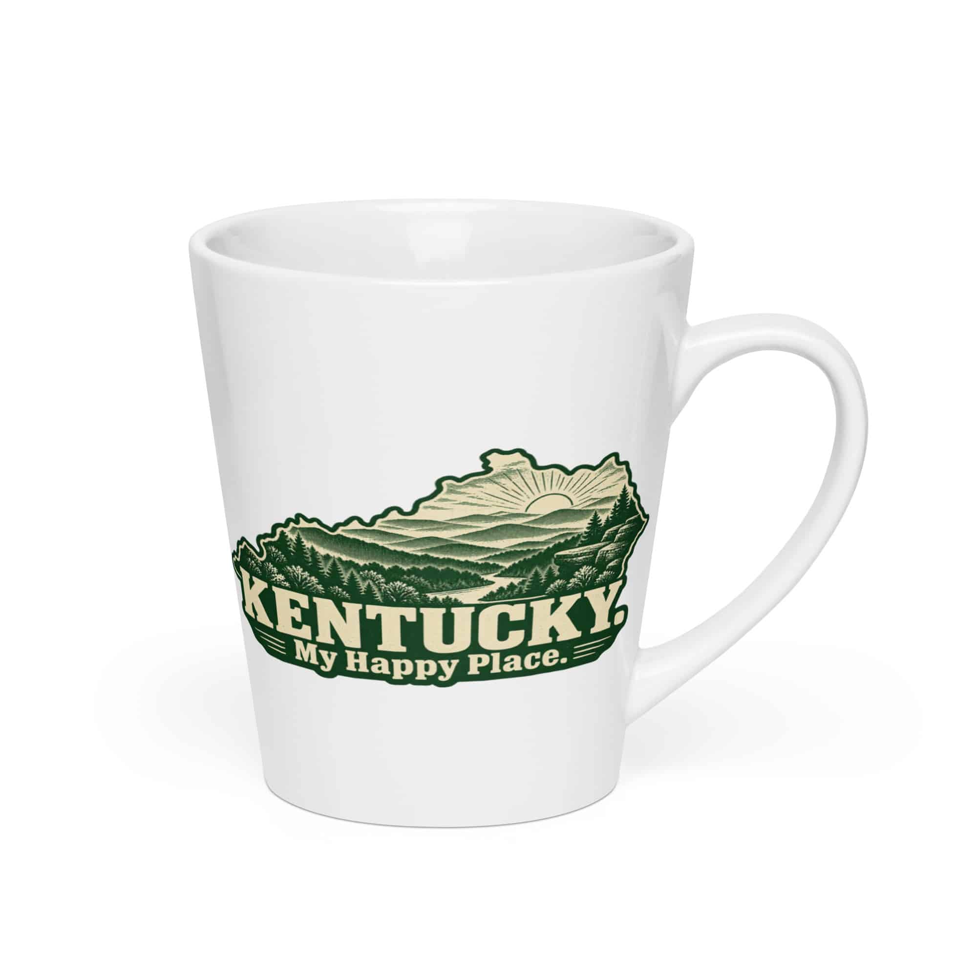 Kentucky Latte Mug: Layered Appalachian ridges at sunrise, Woodcut Kentucky Silhouette