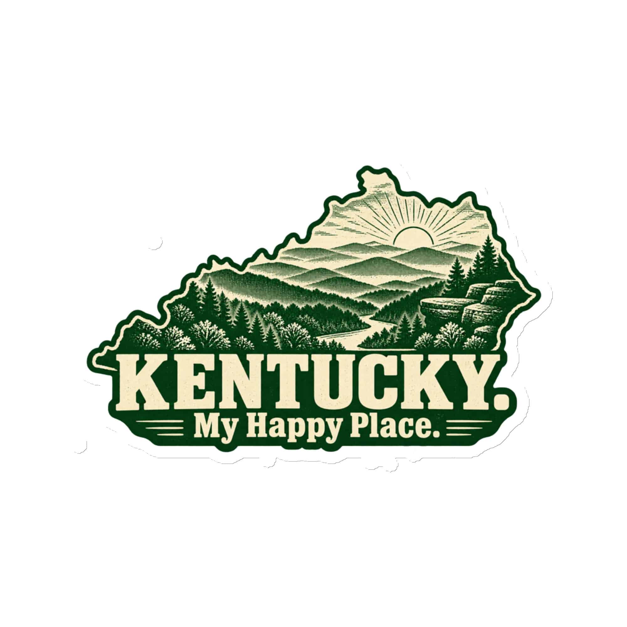 Kentucky Die-Cut Magnet: Layered Appalachian ridges at sunrise, Woodcut Kentucky Silhouette