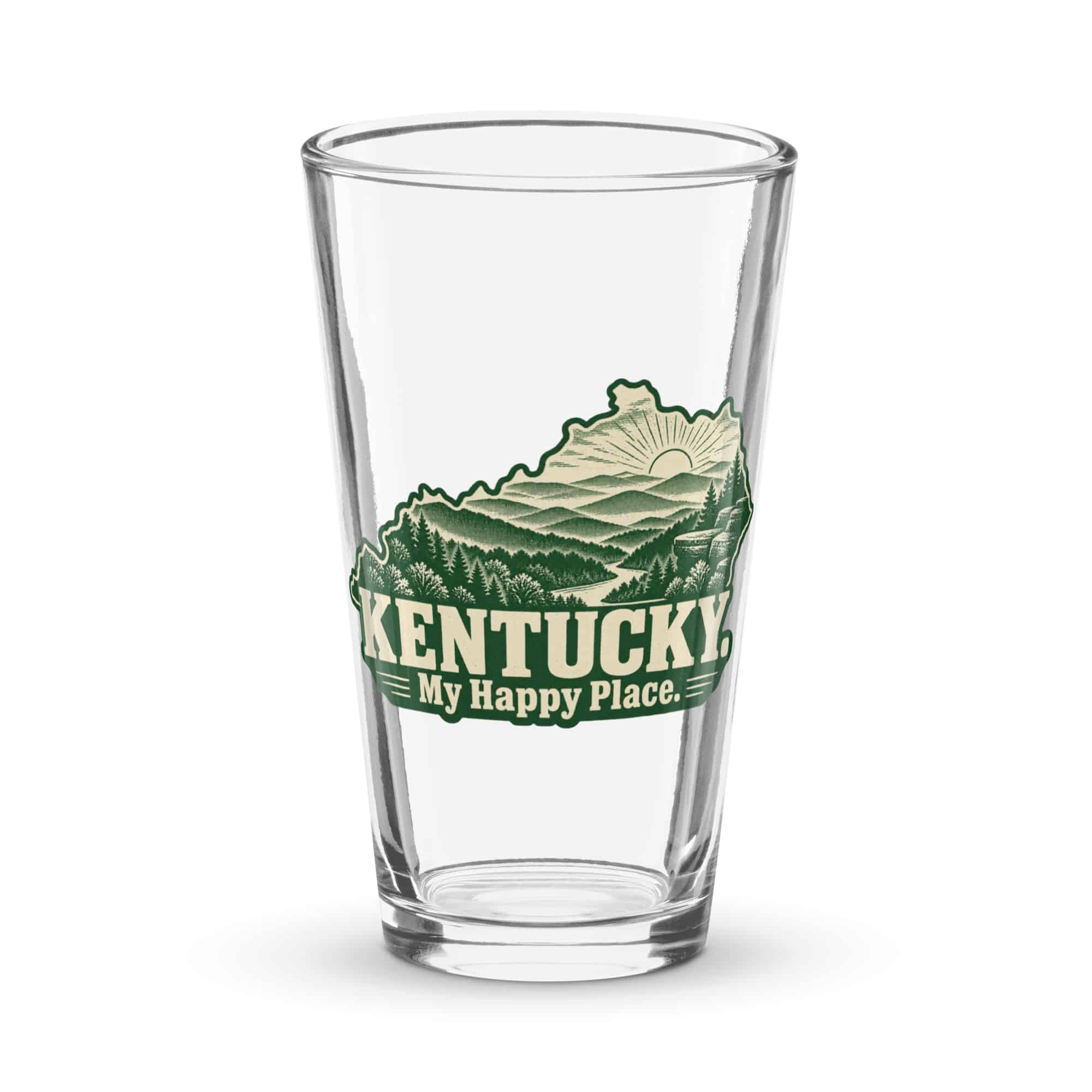 Kentucky Pint Glass: Layered Appalachian ridges at sunrise, Woodcut Kentucky Silhouette