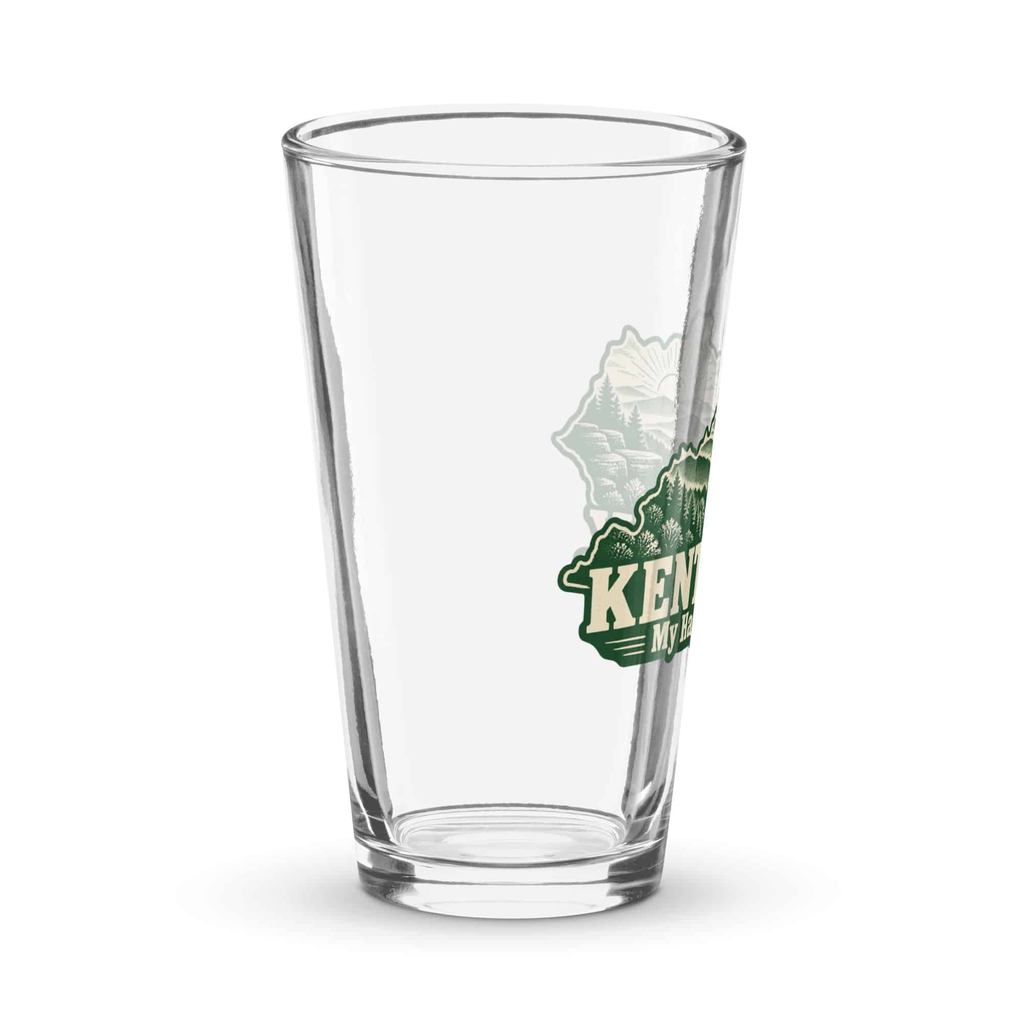 Kentucky Pint Glass: Layered Appalachian ridges at sunrise, Woodcut Kentucky Silhouette