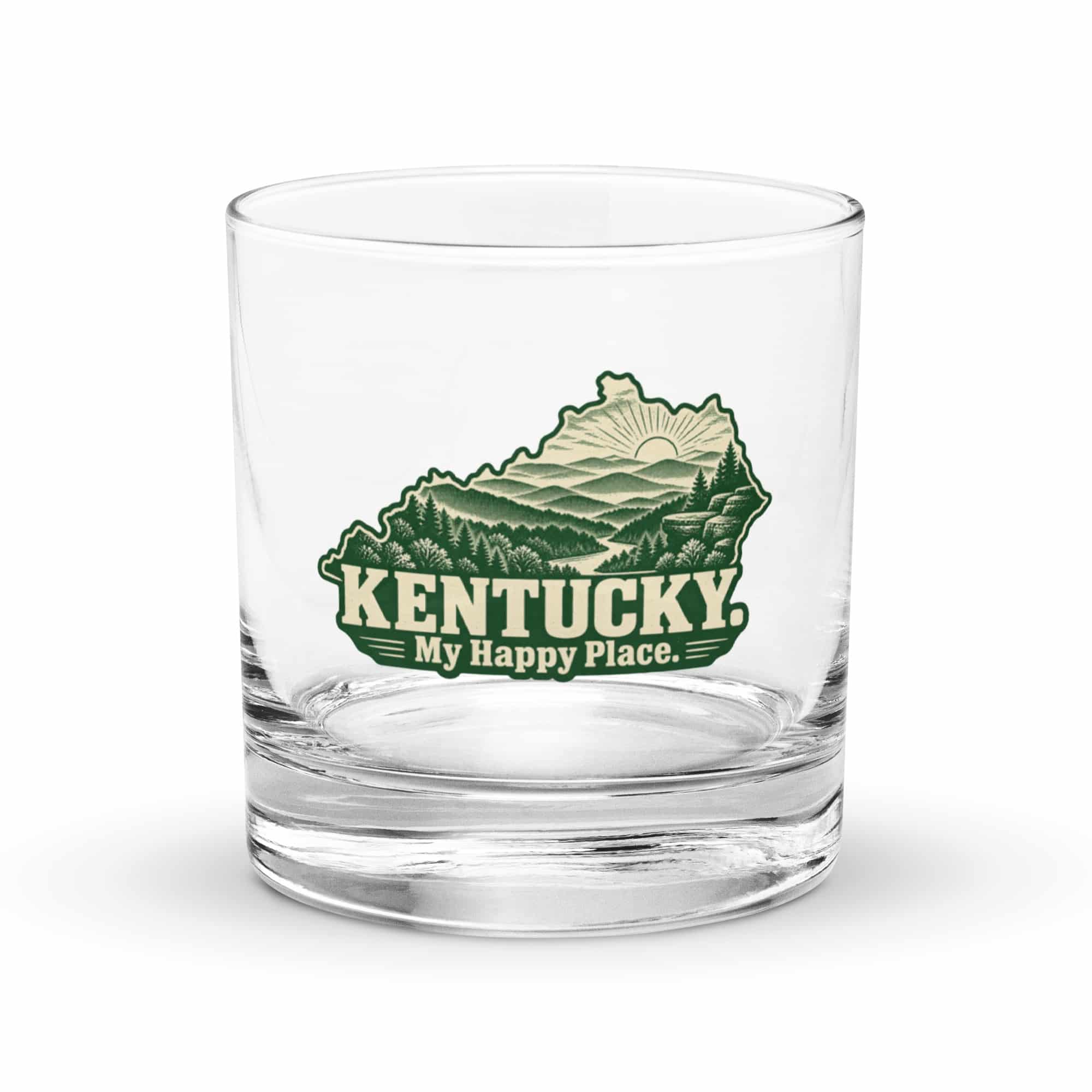 Kentucky Rocks Glass: Layered Appalachian ridges at sunrise, Woodcut Kentucky Silhouette