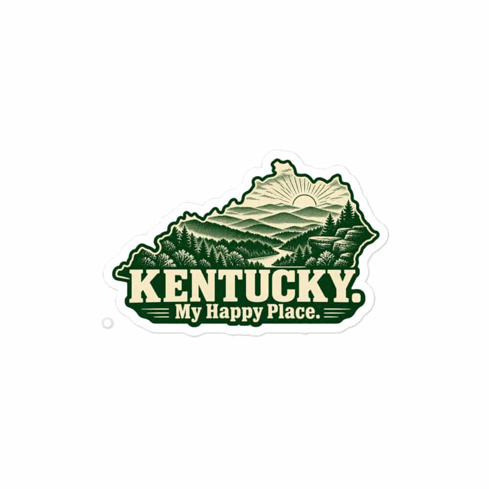 Kentucky Vinyl Sticker: Layered Appalachian ridges at sunrise, Woodcut Kentucky Silhouette