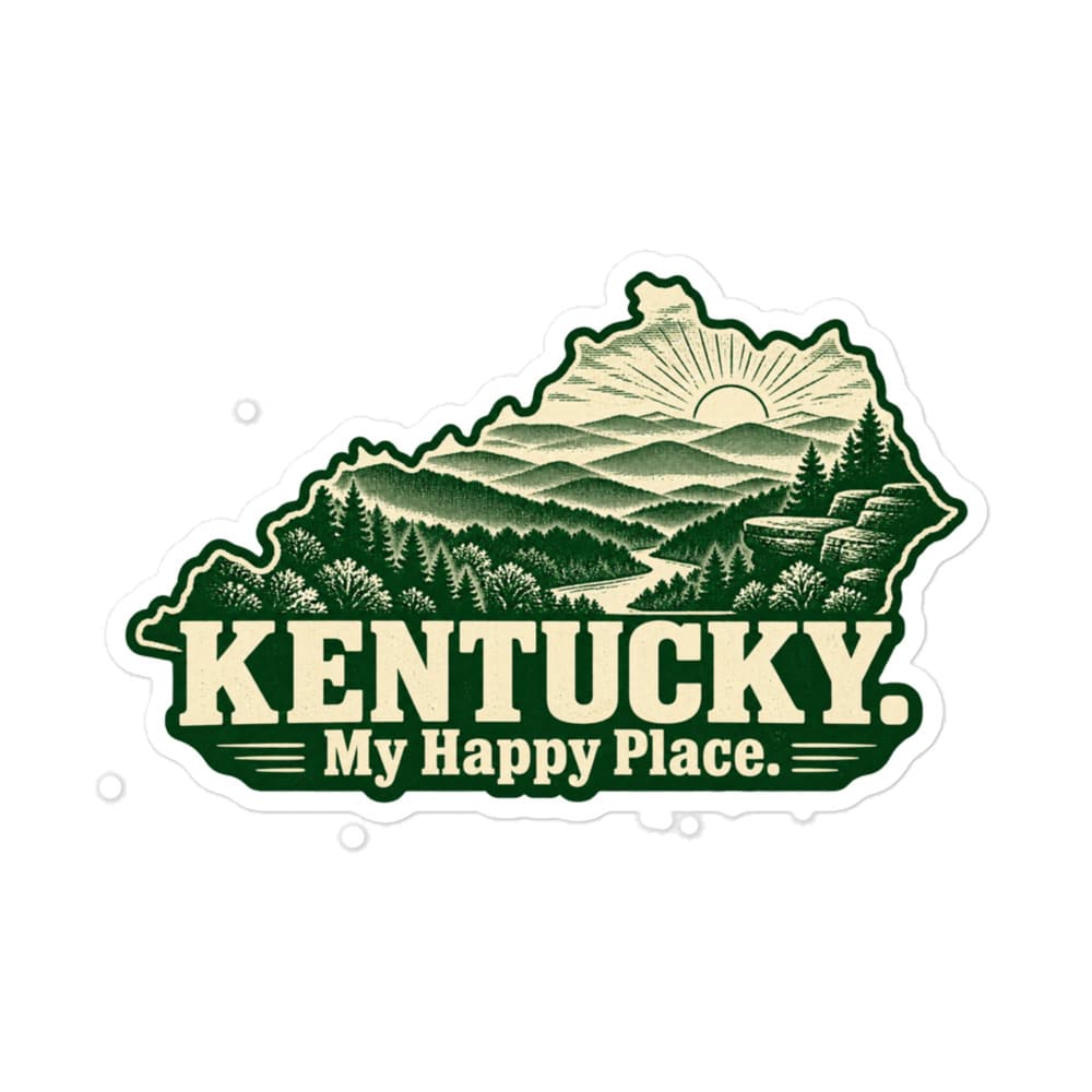 Kentucky Vinyl Sticker: Layered Appalachian ridges at sunrise, Woodcut Kentucky Silhouette