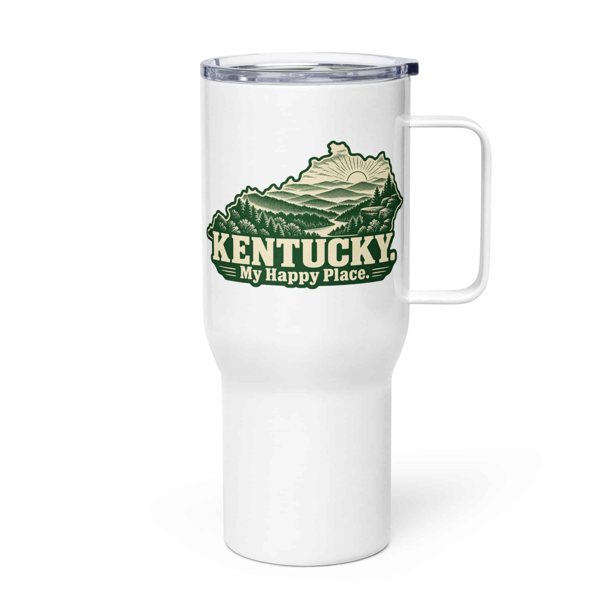 Kentucky Travel Mug: Layered Appalachian ridges at sunrise, Woodcut Kentucky Silhouette
