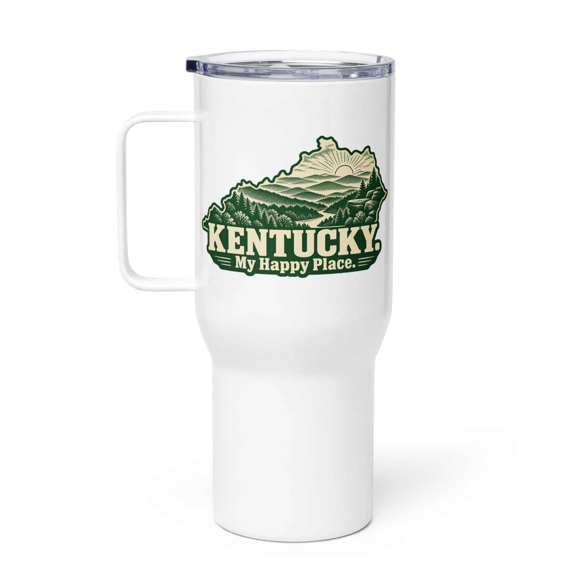 Kentucky Travel Mug: Layered Appalachian ridges at sunrise, Woodcut Kentucky Silhouette