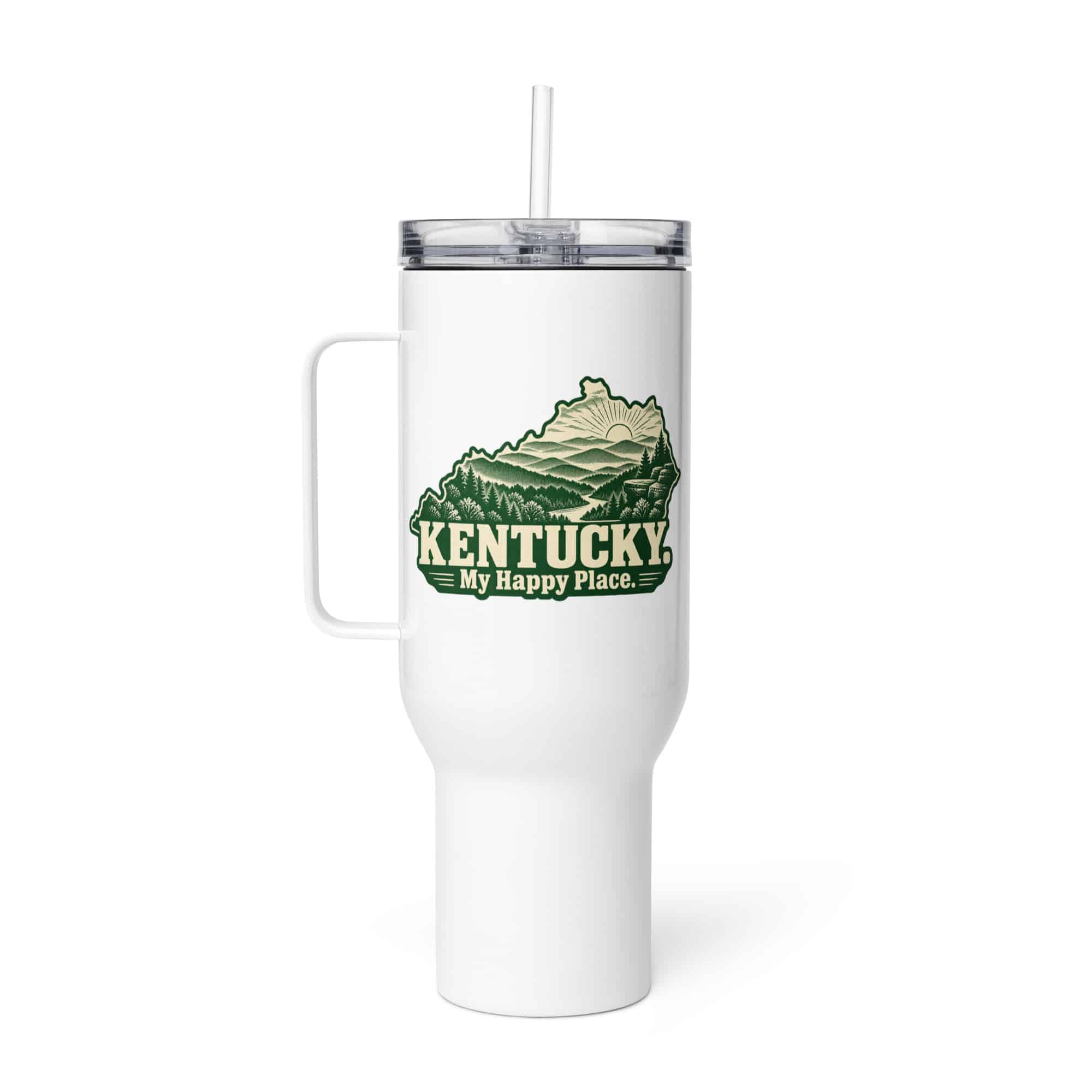 Kentucky Travel Mug: Layered Appalachian ridges at sunrise, Woodcut Kentucky Silhouette