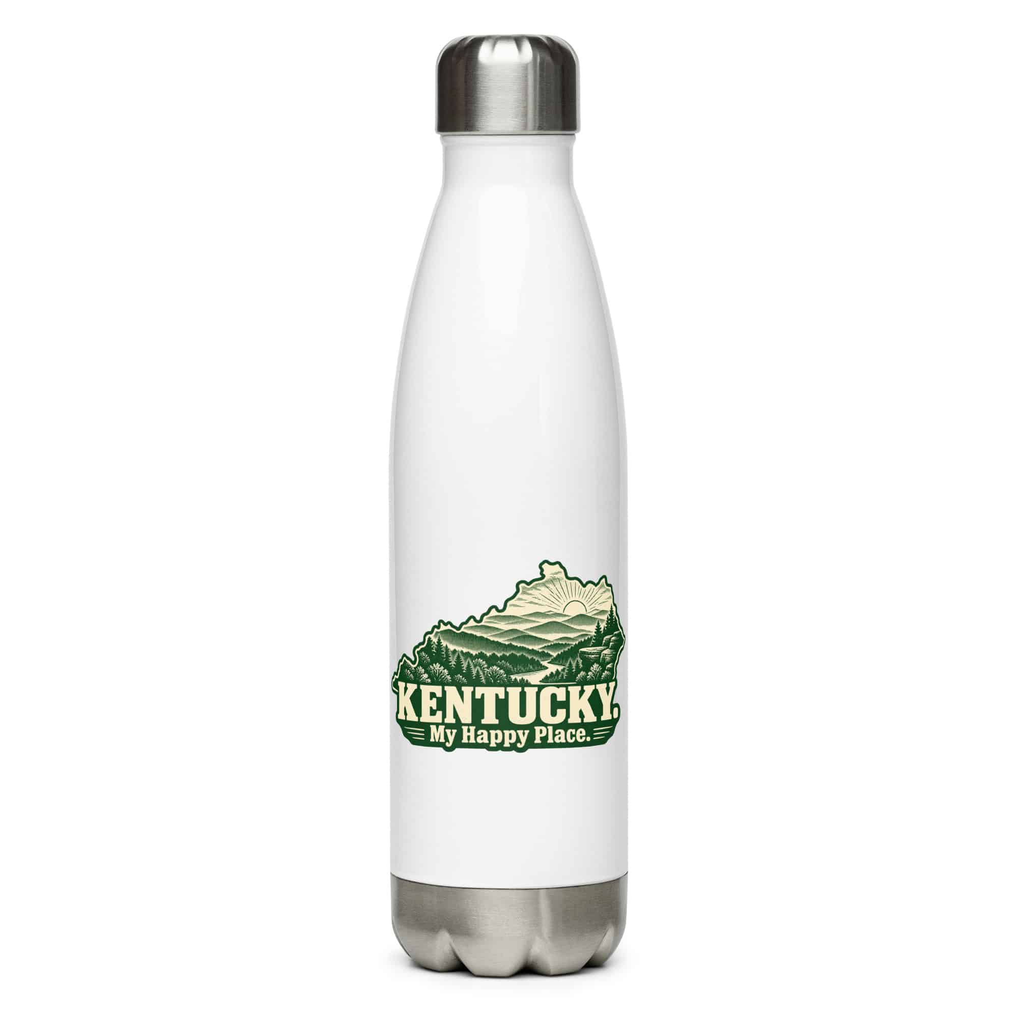 Kentucky Stainless Steel Water Bottle: Layered Appalachian ridges at sunrise, Woodcut Kentucky Silhouette