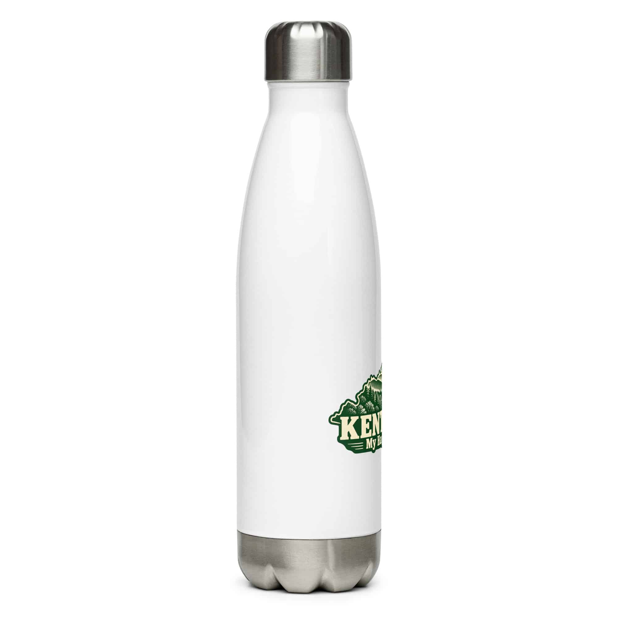 Kentucky Stainless Steel Water Bottle: Layered Appalachian ridges at sunrise, Woodcut Kentucky Silhouette