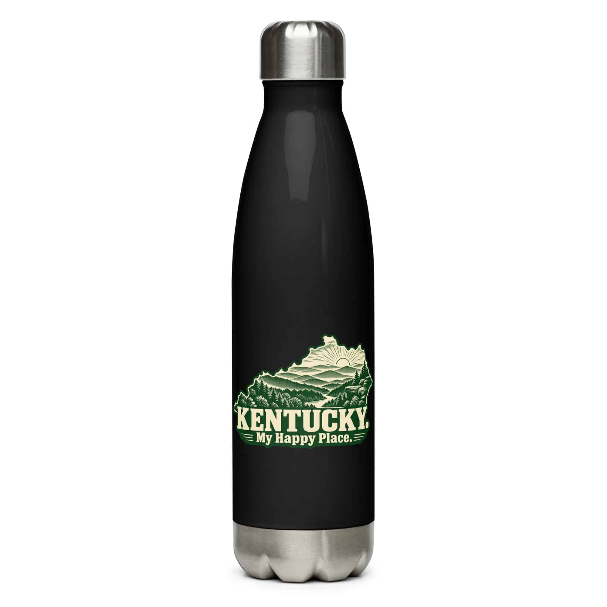 Kentucky Stainless Steel Water Bottle: Layered Appalachian ridges at sunrise, Woodcut Kentucky Silhouette