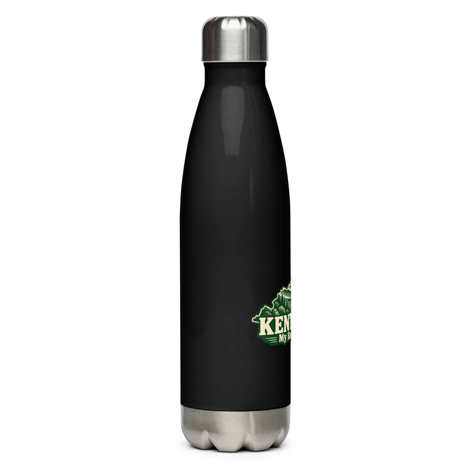 Kentucky Stainless Steel Water Bottle: Layered Appalachian ridges at sunrise, Woodcut Kentucky Silhouette