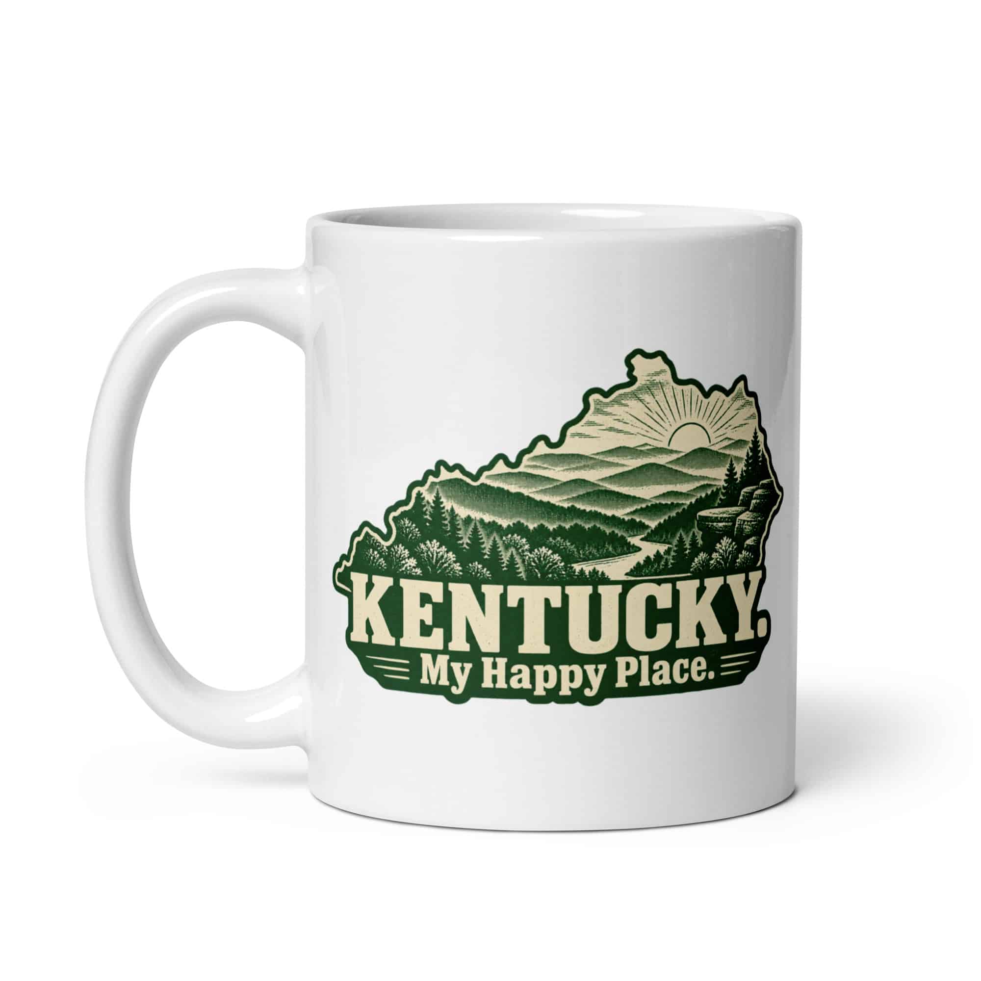Kentucky White Ceramic Coffee Mug: Layered Appalachian ridges at sunrise, Woodcut Kentucky Silhouette