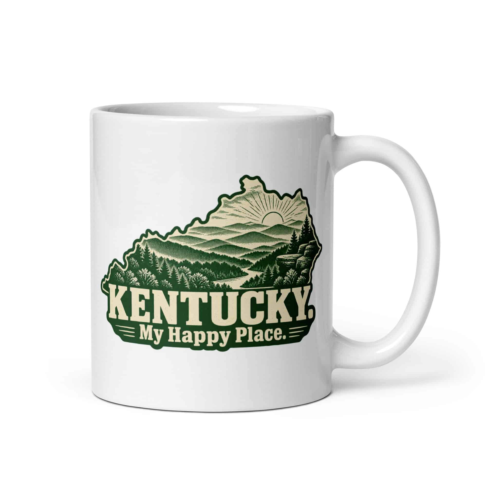 Kentucky White Ceramic Coffee Mug: Layered Appalachian ridges at sunrise, Woodcut Kentucky Silhouette
