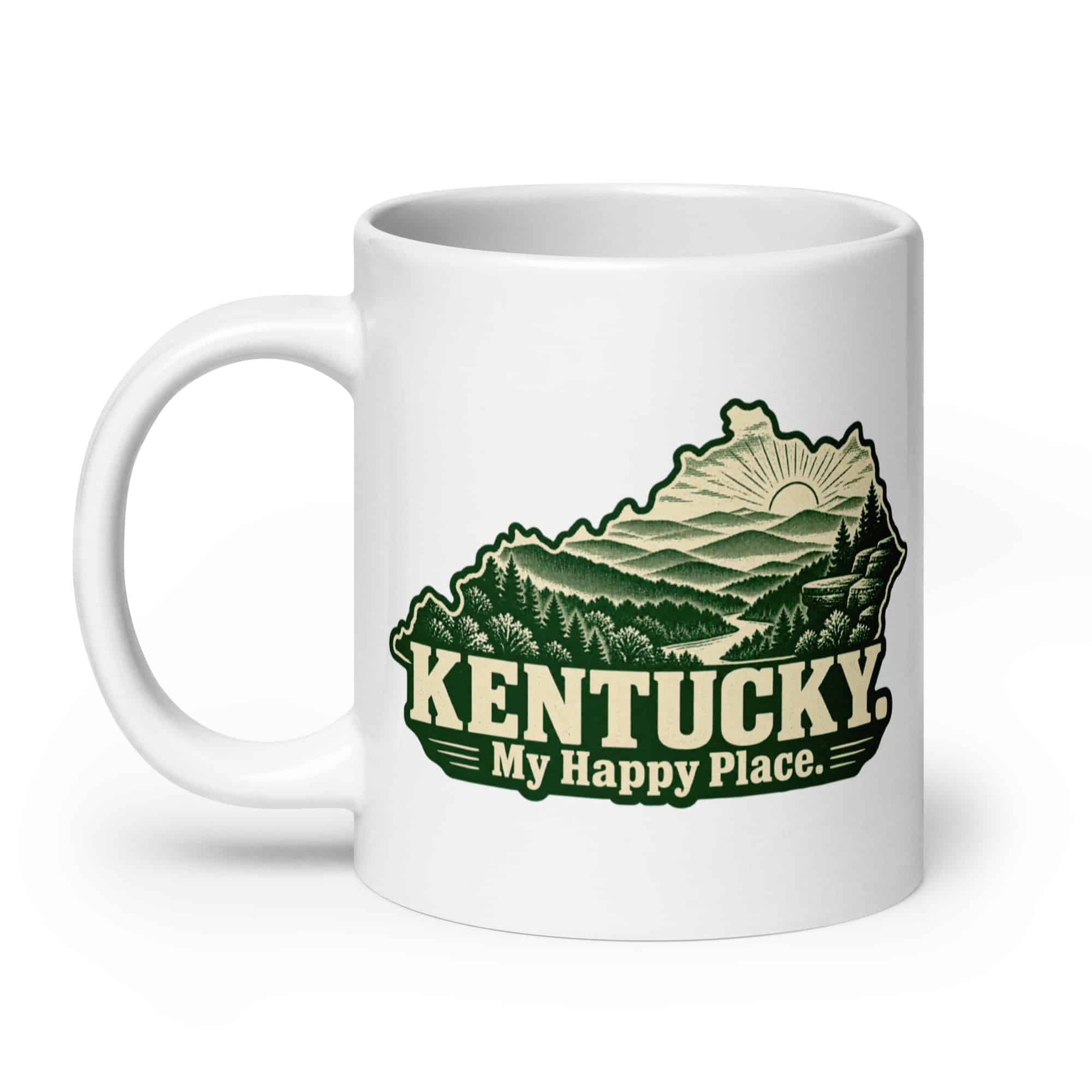 Kentucky White Ceramic Coffee Mug: Layered Appalachian ridges at sunrise, Woodcut Kentucky Silhouette